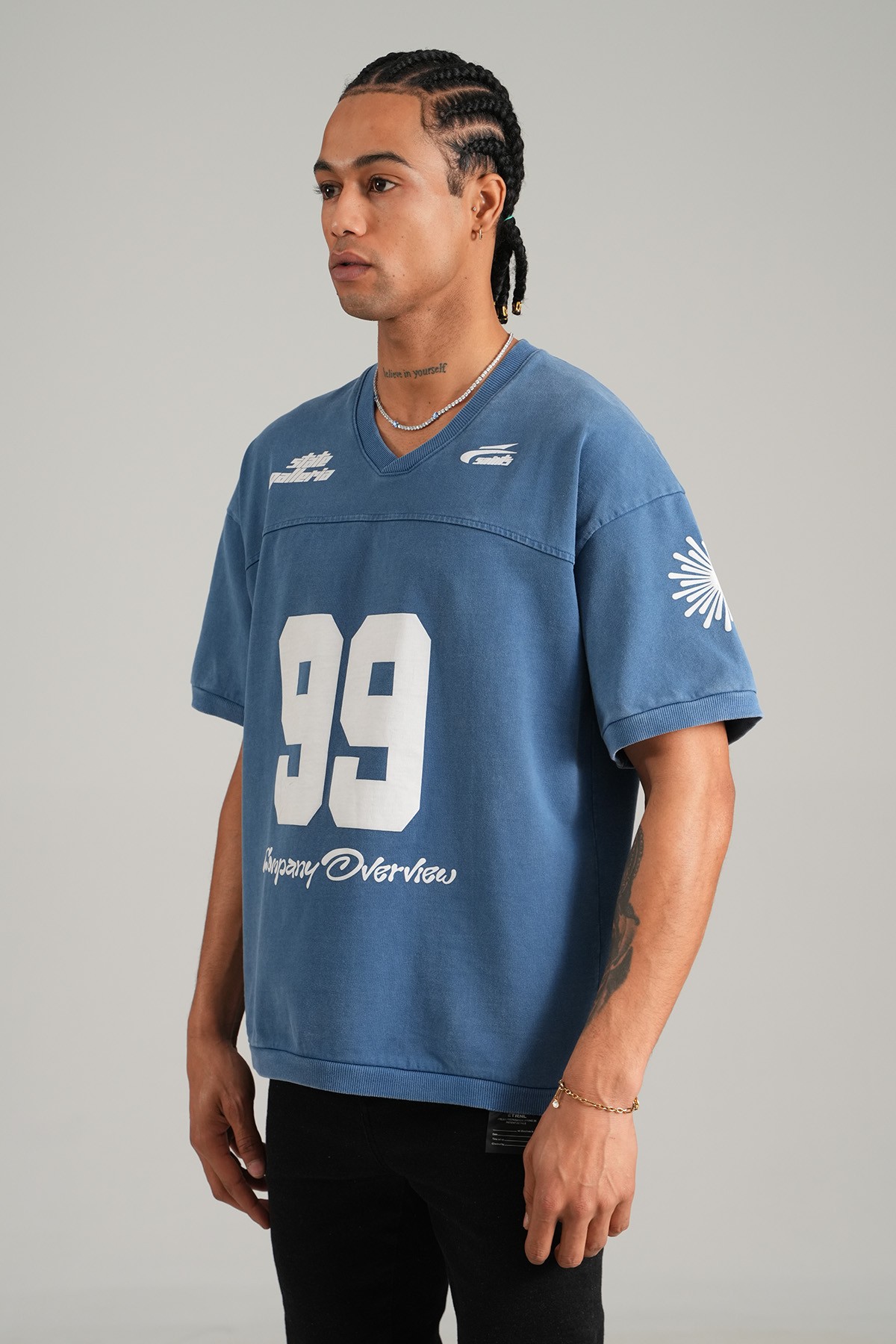 99 Baskılı V Yaka Oversize Tişört - Lacivert