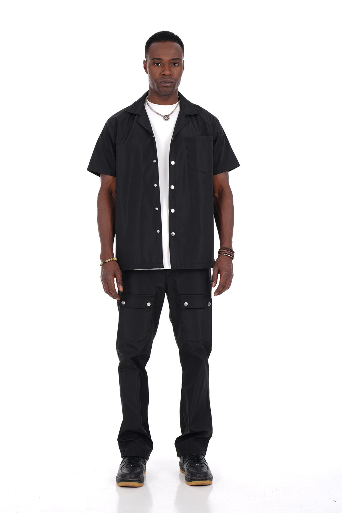 Snap Fastener Short Sleeve Shirt and Trousers Set
