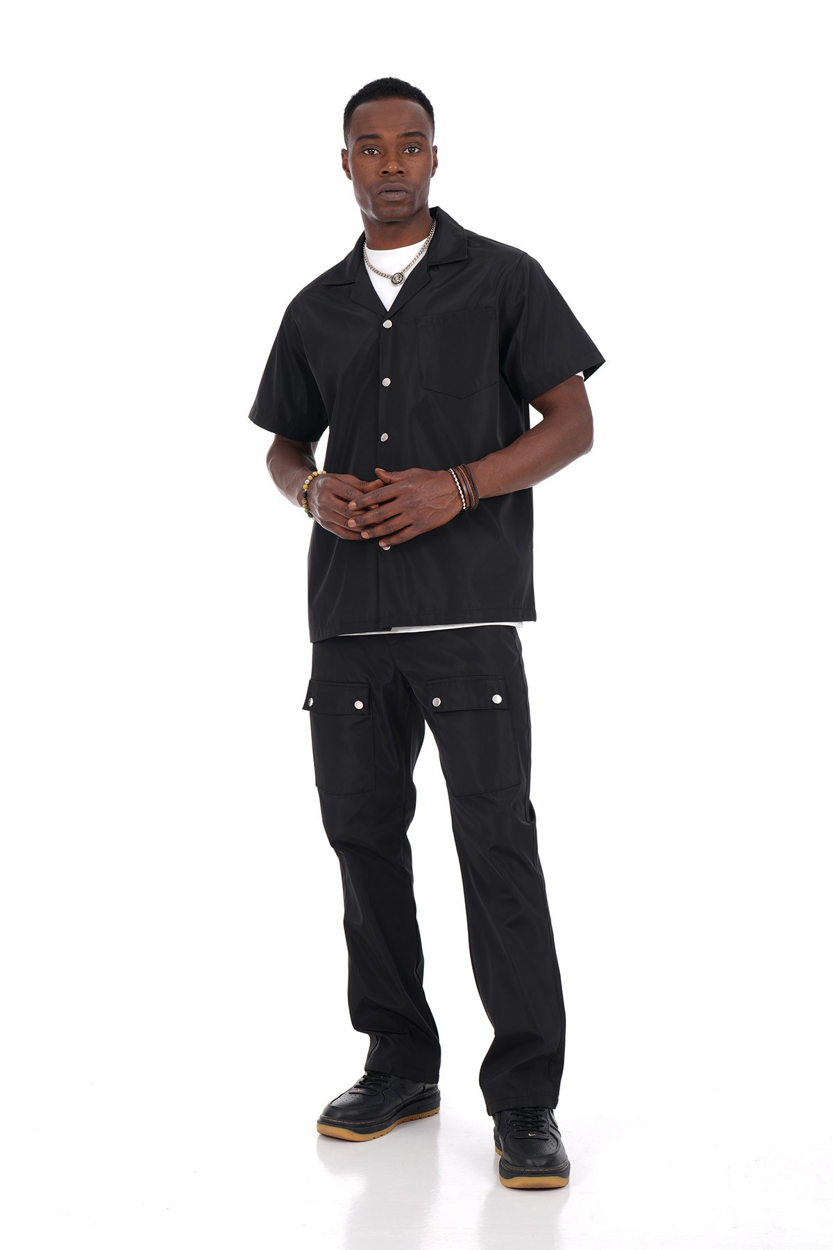Snap Fastener Short Sleeve Shirt and Trousers Set
