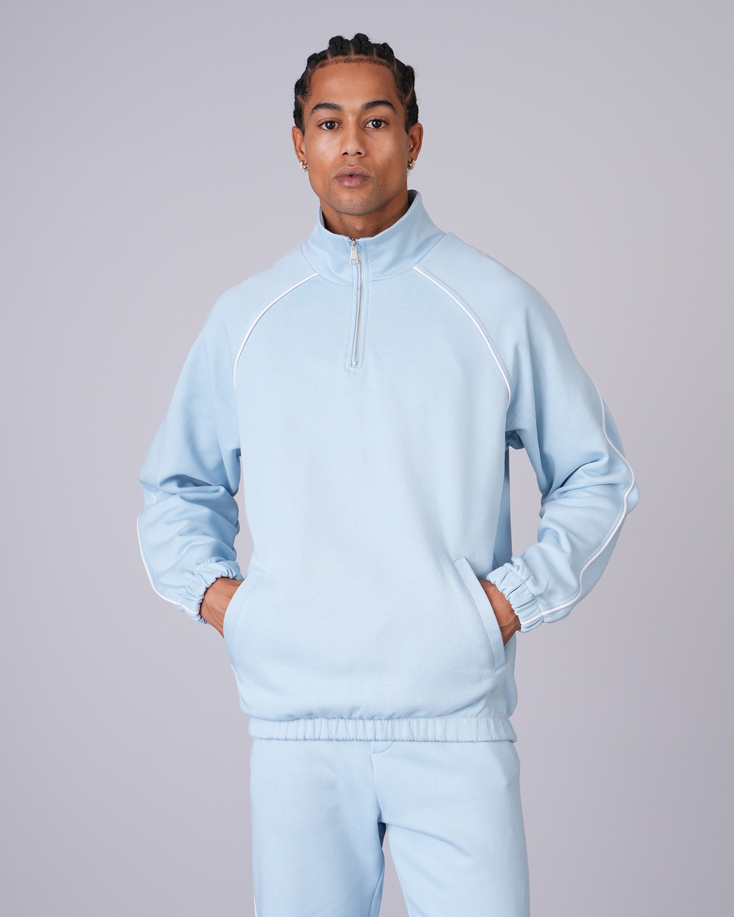 Regular Fit Collar Zippered Sweatshirt Trousers Set - blue