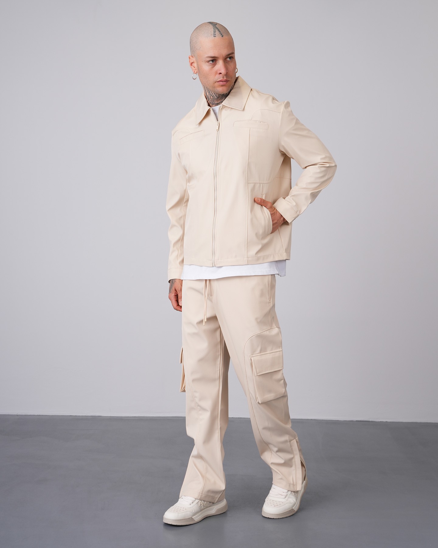 Regular Fit Zippered Jacket Trousers Set - Beige