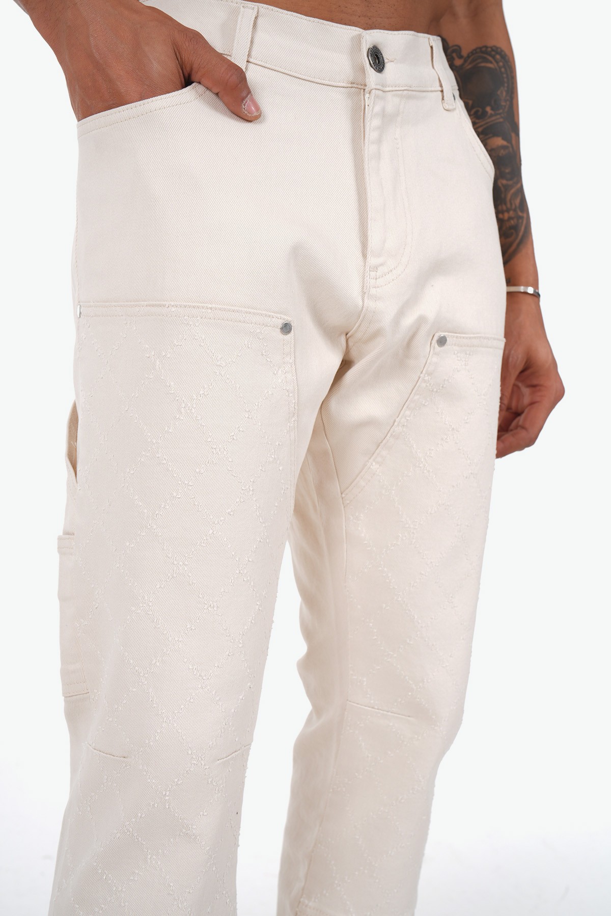 Baklava Desenli Regular Fit Zipped Kot Pantolon
