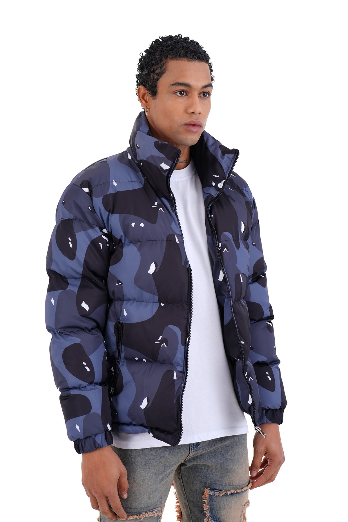 Mixed Pattern Puffer Jacket - Lacivert