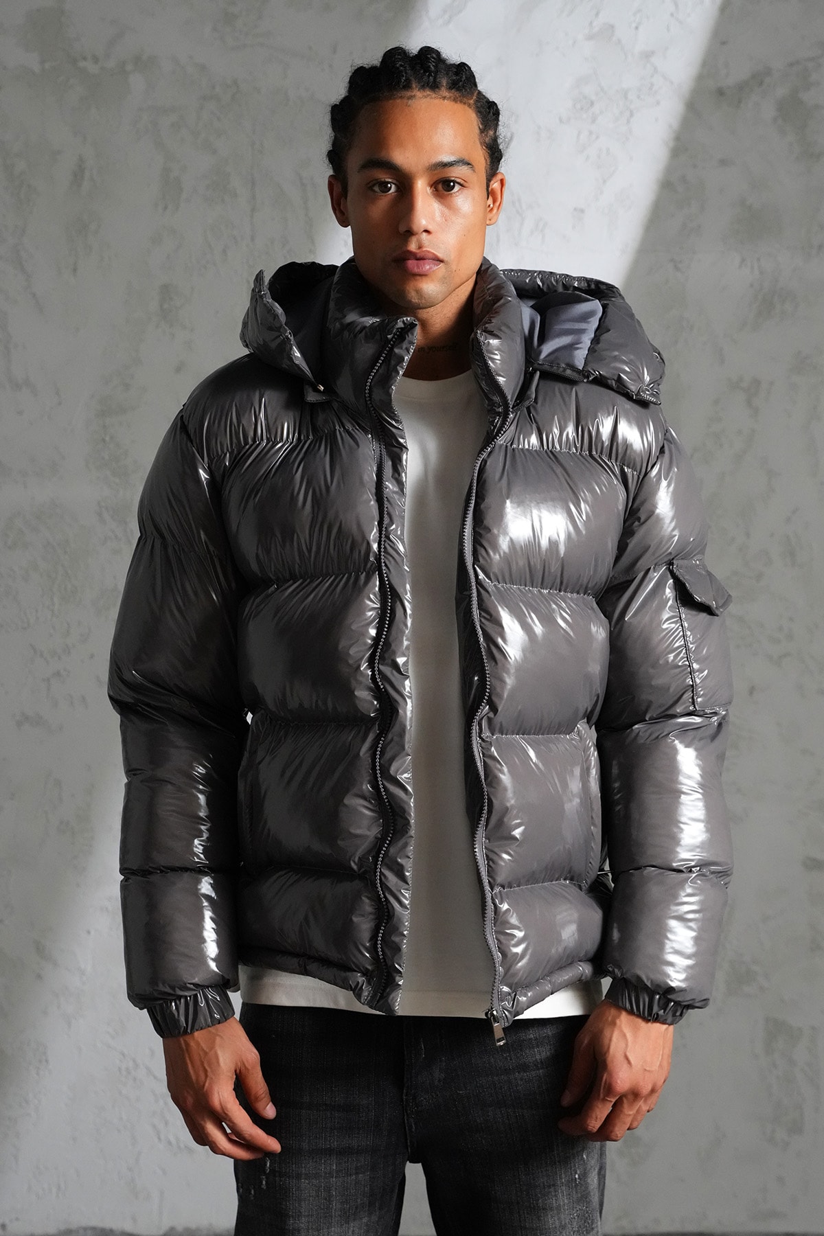 Kapüşonlu Parlak Şişme Mont - Antrasit