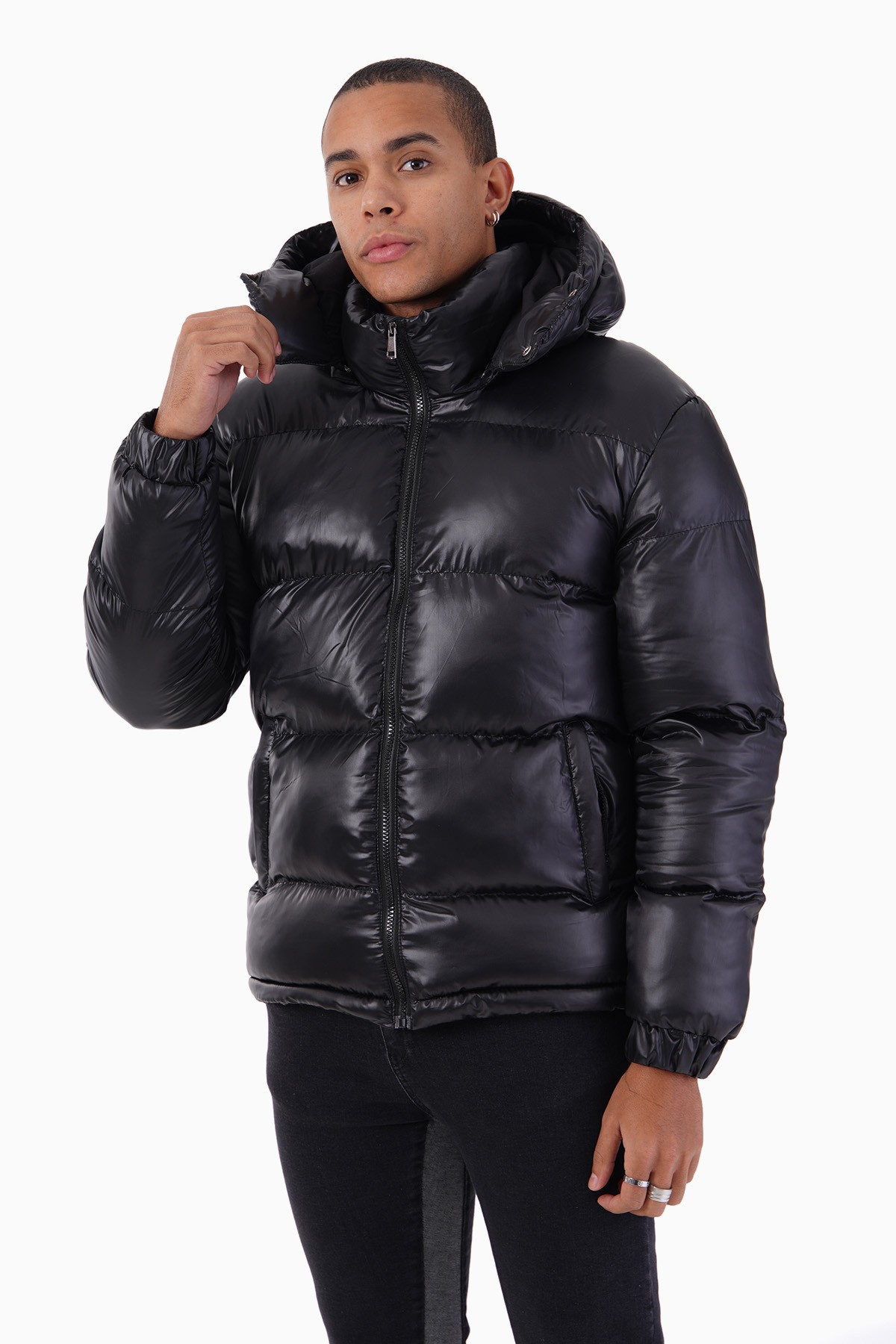 Shiny Hooded Puffer Jacket - black