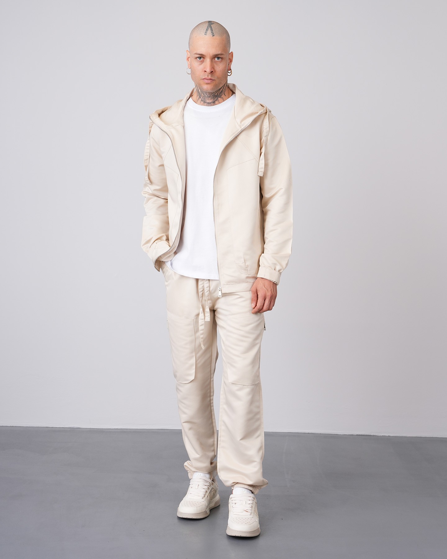 Regular Fit Hooded Jacket Trousers Set - Beige