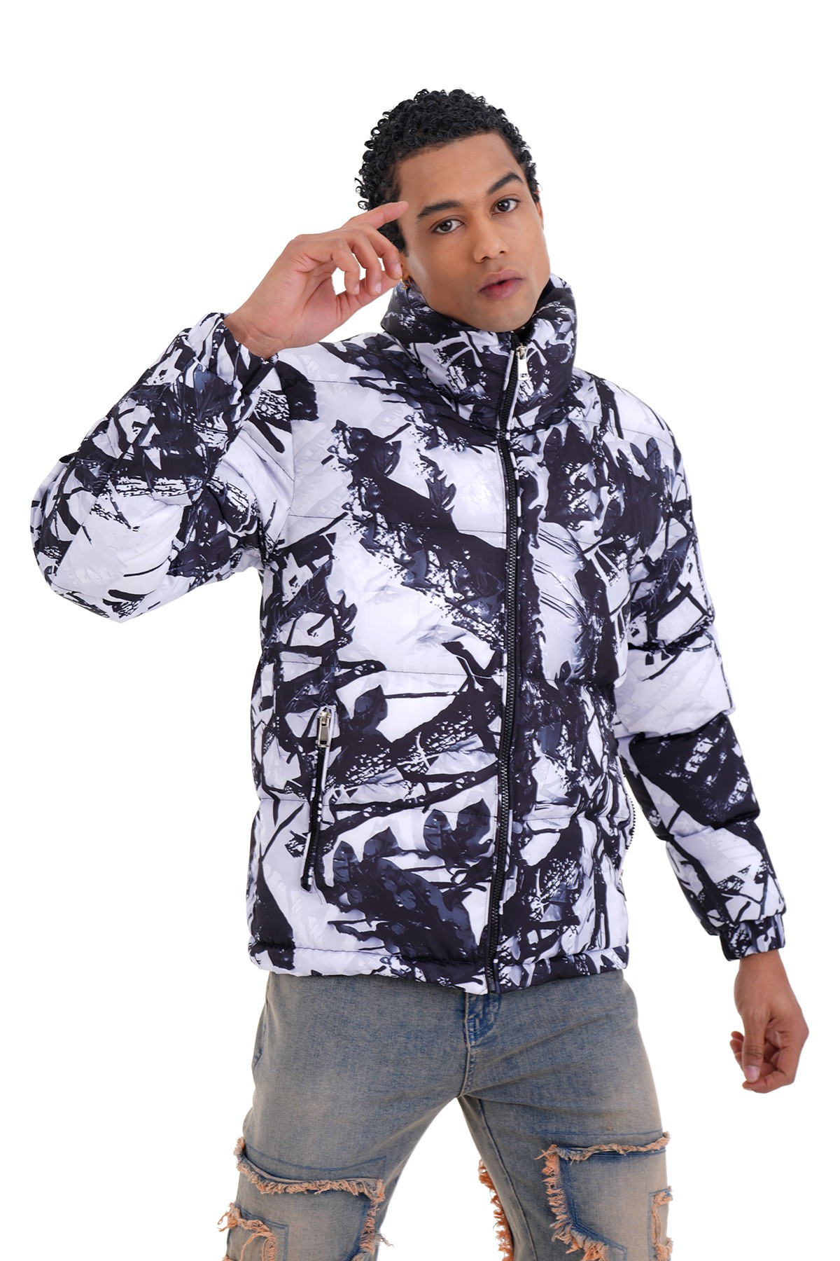 Mixed Pattern Puffer Jacket - Smoked