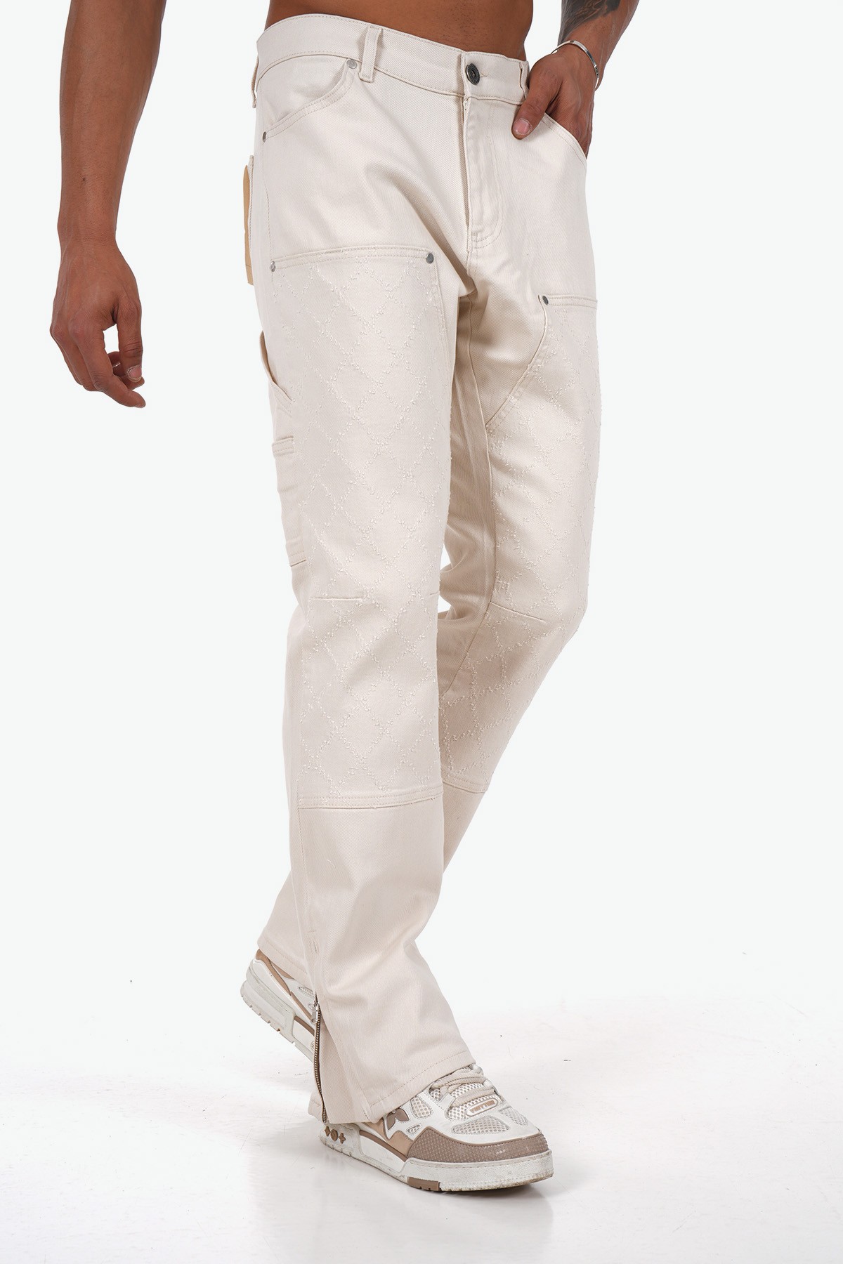 Baklava Desenli Regular Fit Zipped Kot Pantolon