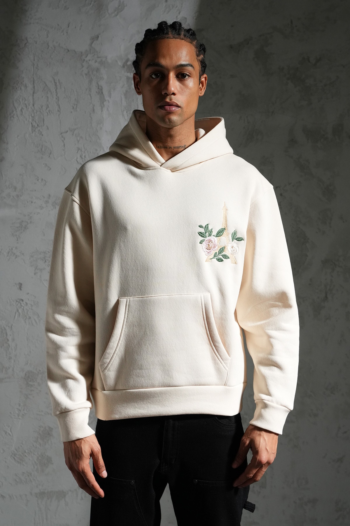 Eyfel ve Çiçek Detaylı Kapüşonlu Sweatshirt - Beige