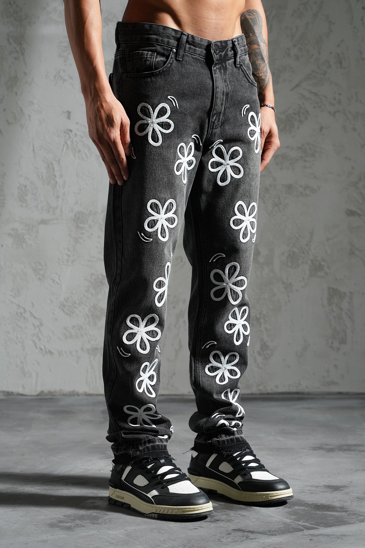 Çiçek Desen Flare Kot Pantolon