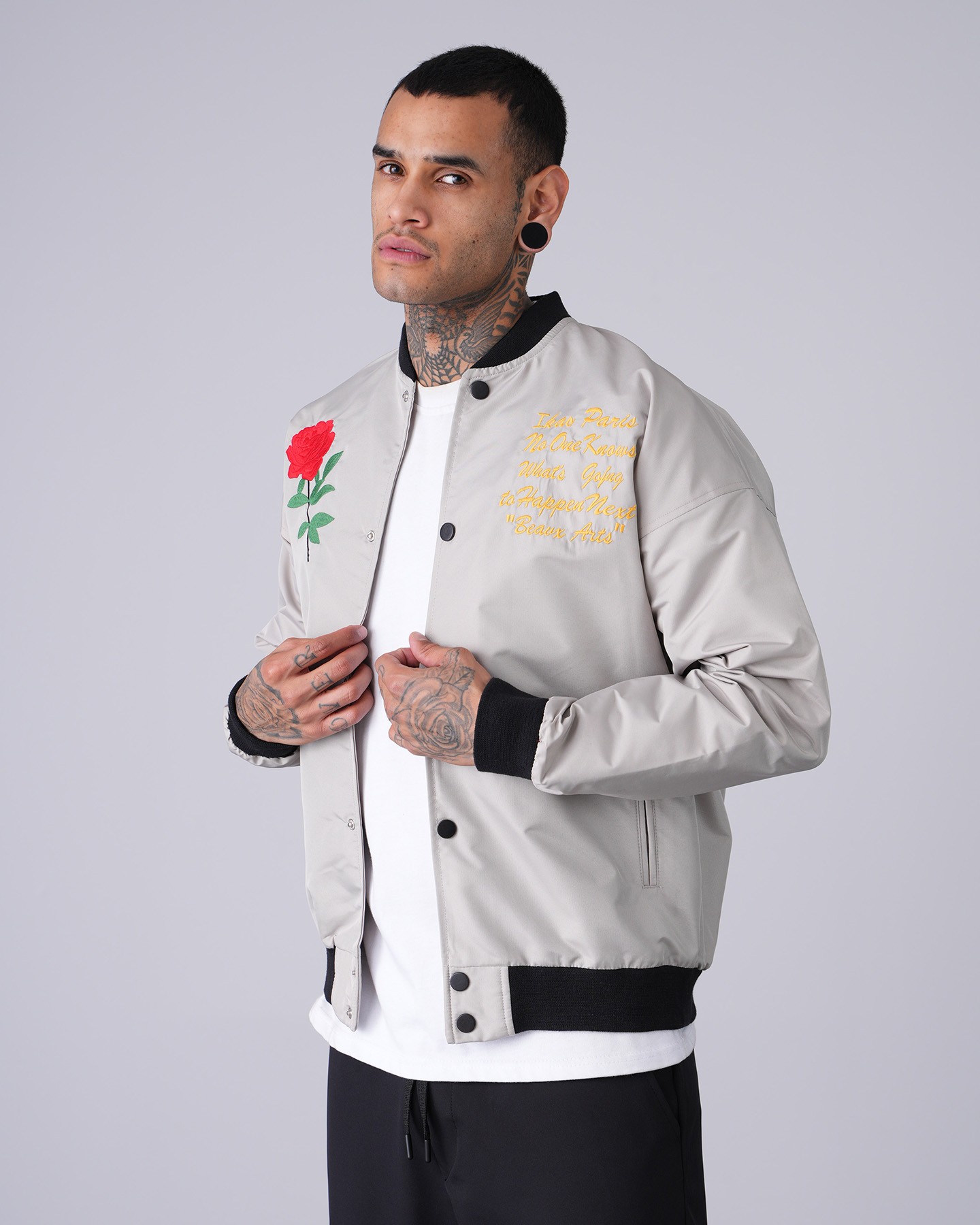 Rose Motif College Jacket - gray