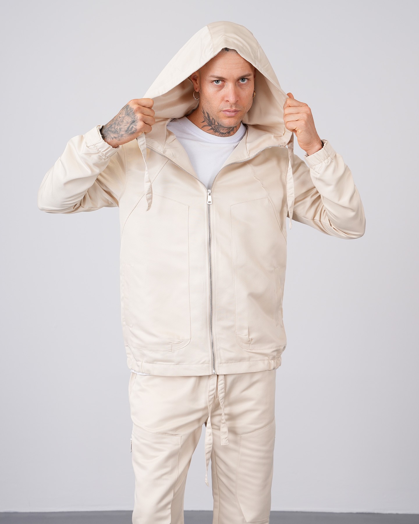 Regular Fit Hooded Jacket Trousers Set - Beige