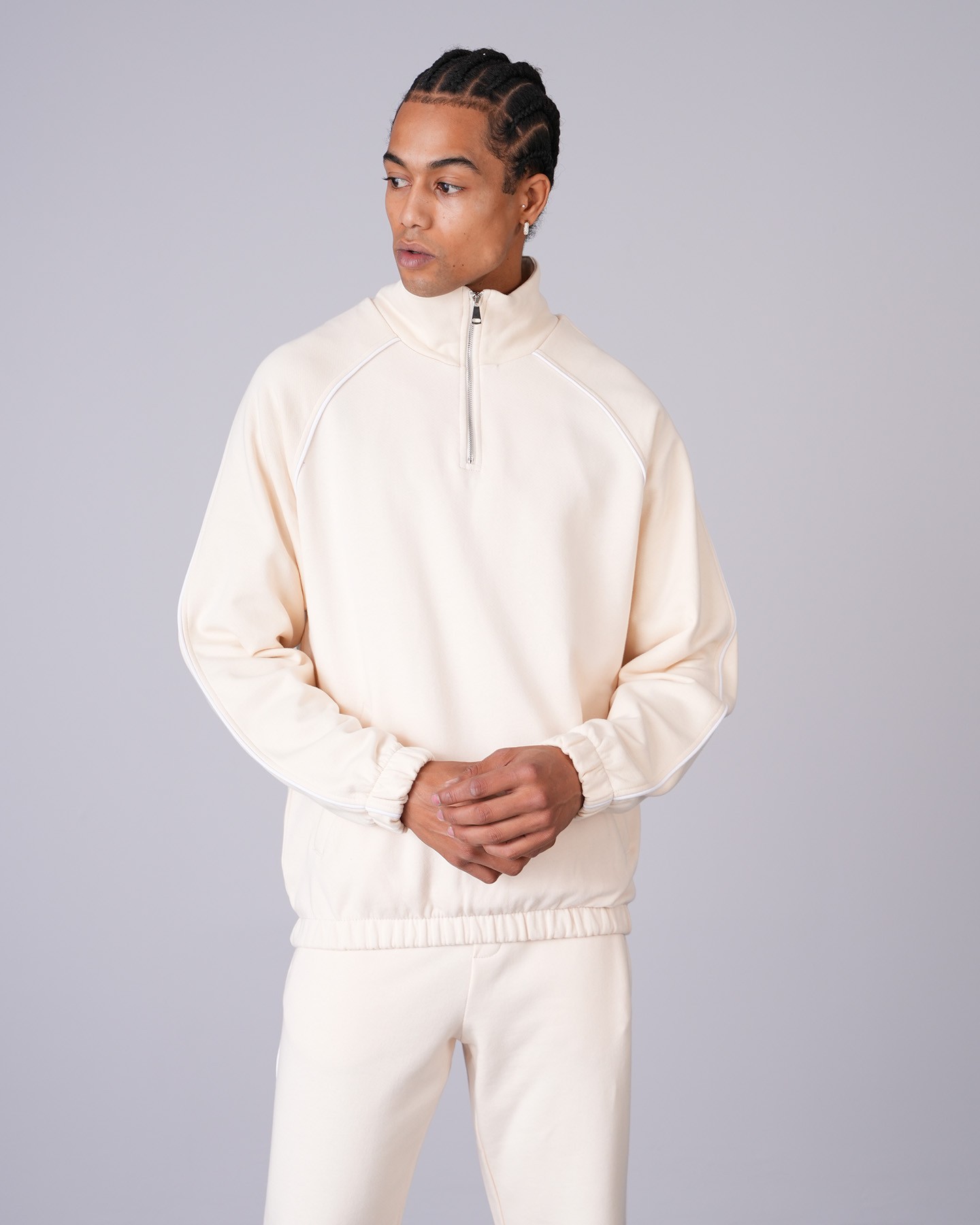 Regular Fit Collar Zippered Sweatshirt Trousers Set - Beige