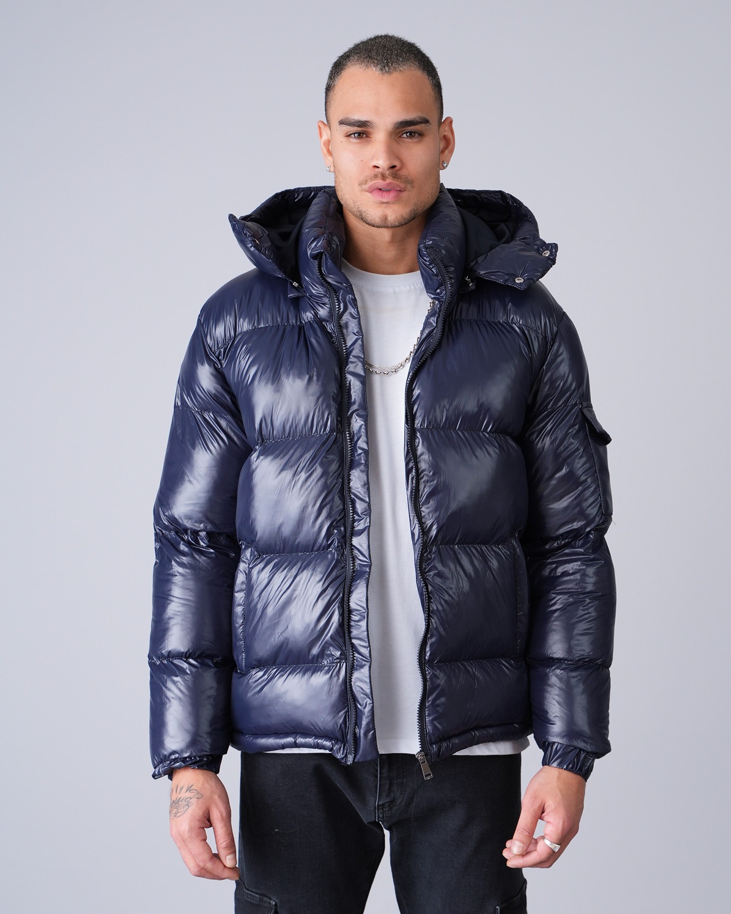 Shiny Hooded Puffer Jacket - Lacivert