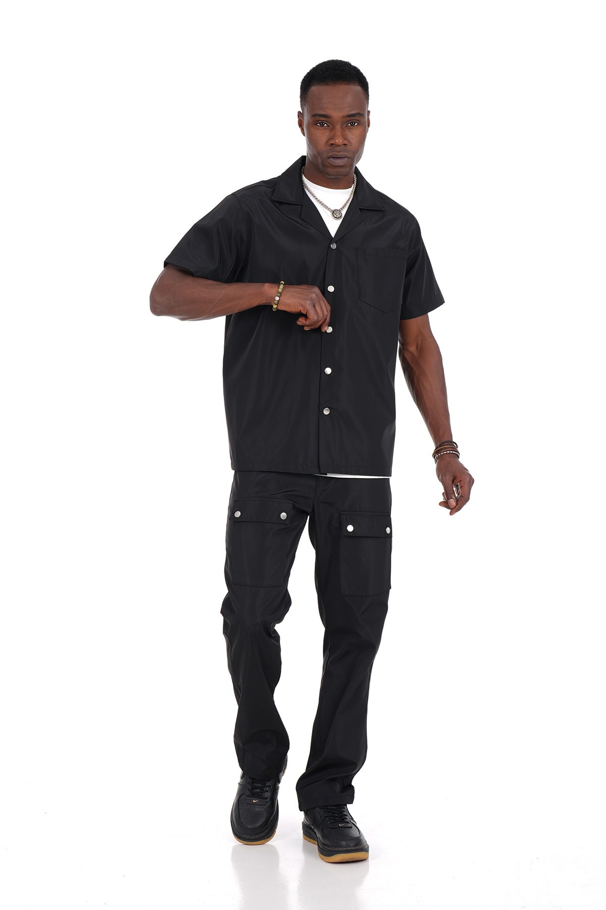 Snap Fastener Short Sleeve Shirt and Trousers Set