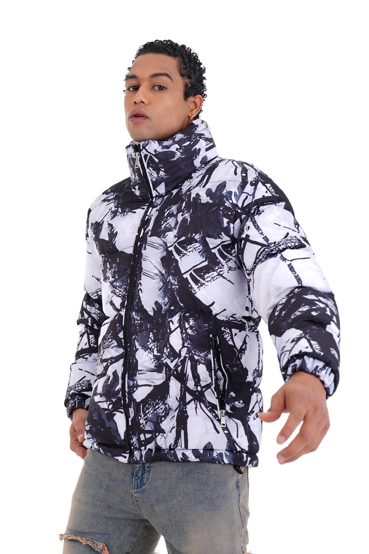 Mixed Pattern Puffer Jacket - Smoked