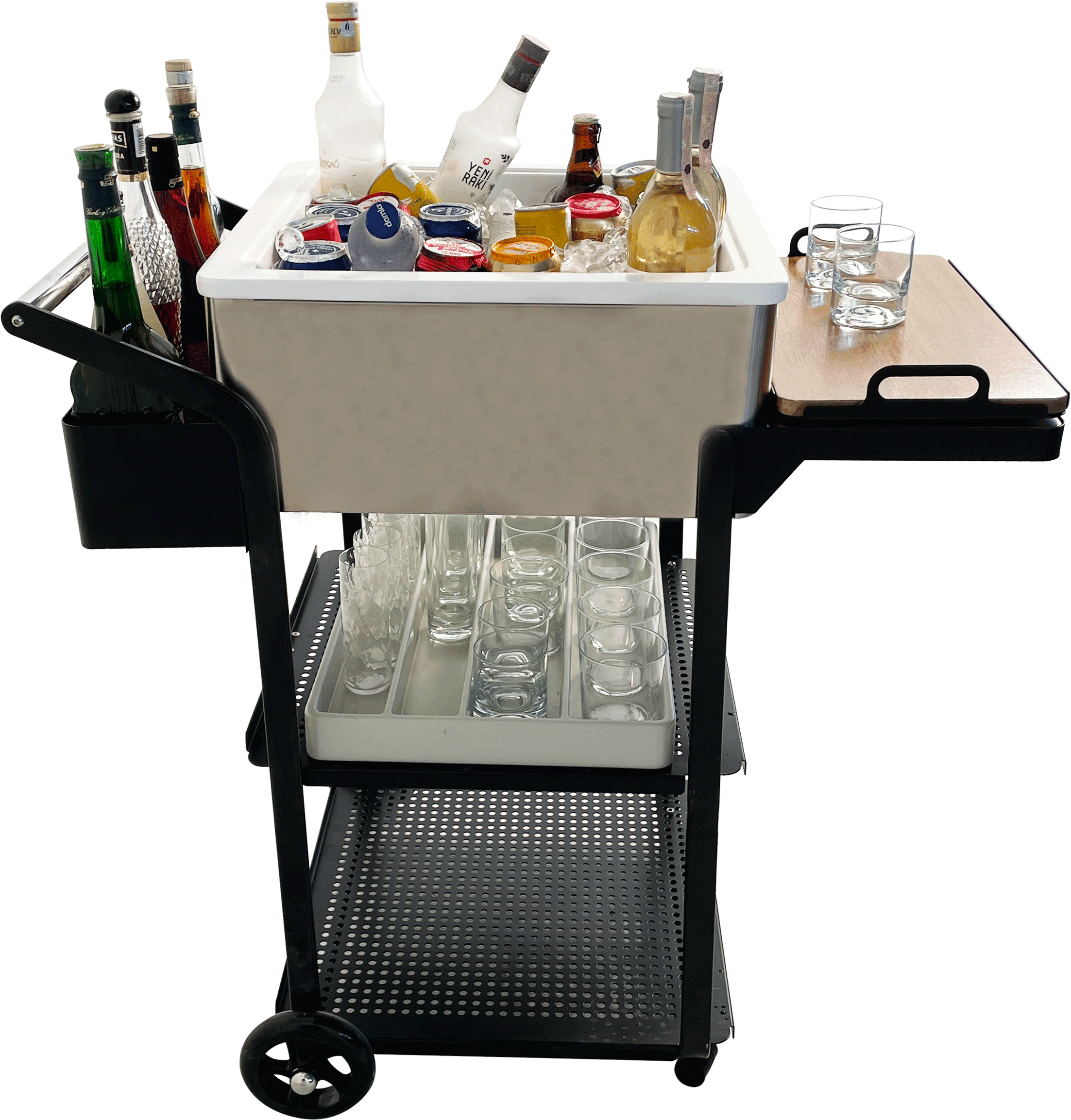 Deluxe Mobile Bar - Stainless Steel and Fiberglass, Ice Bowls, Shelves for Hotels or Events