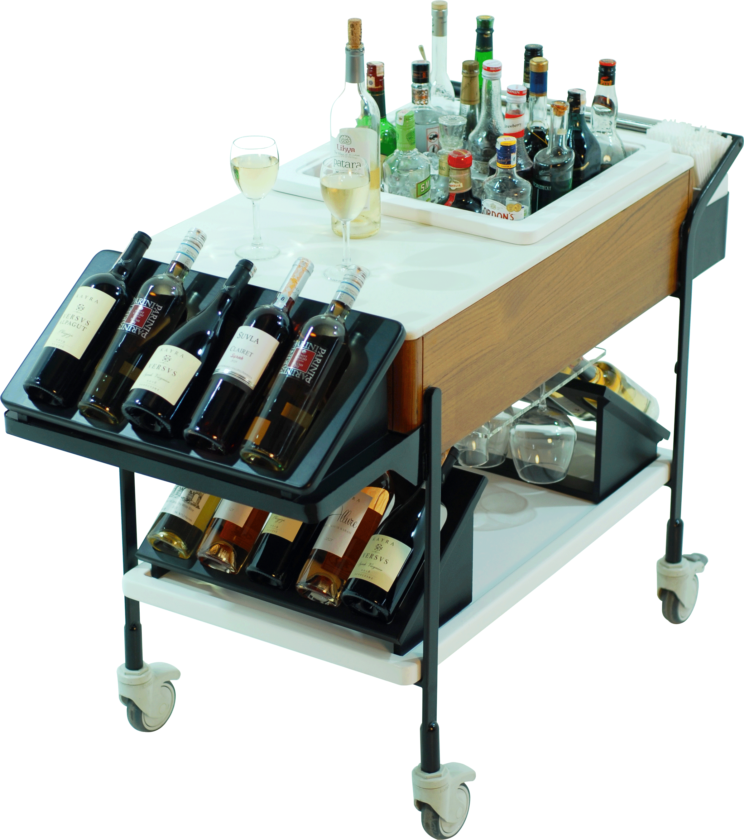 Deluxe Mobil Bar - Paslanmaz Çelik ve Fiberglas, Buz Kapları, Oteller veya Etkinlikler için Raflar - Cocktail & Wine Mobil Bar