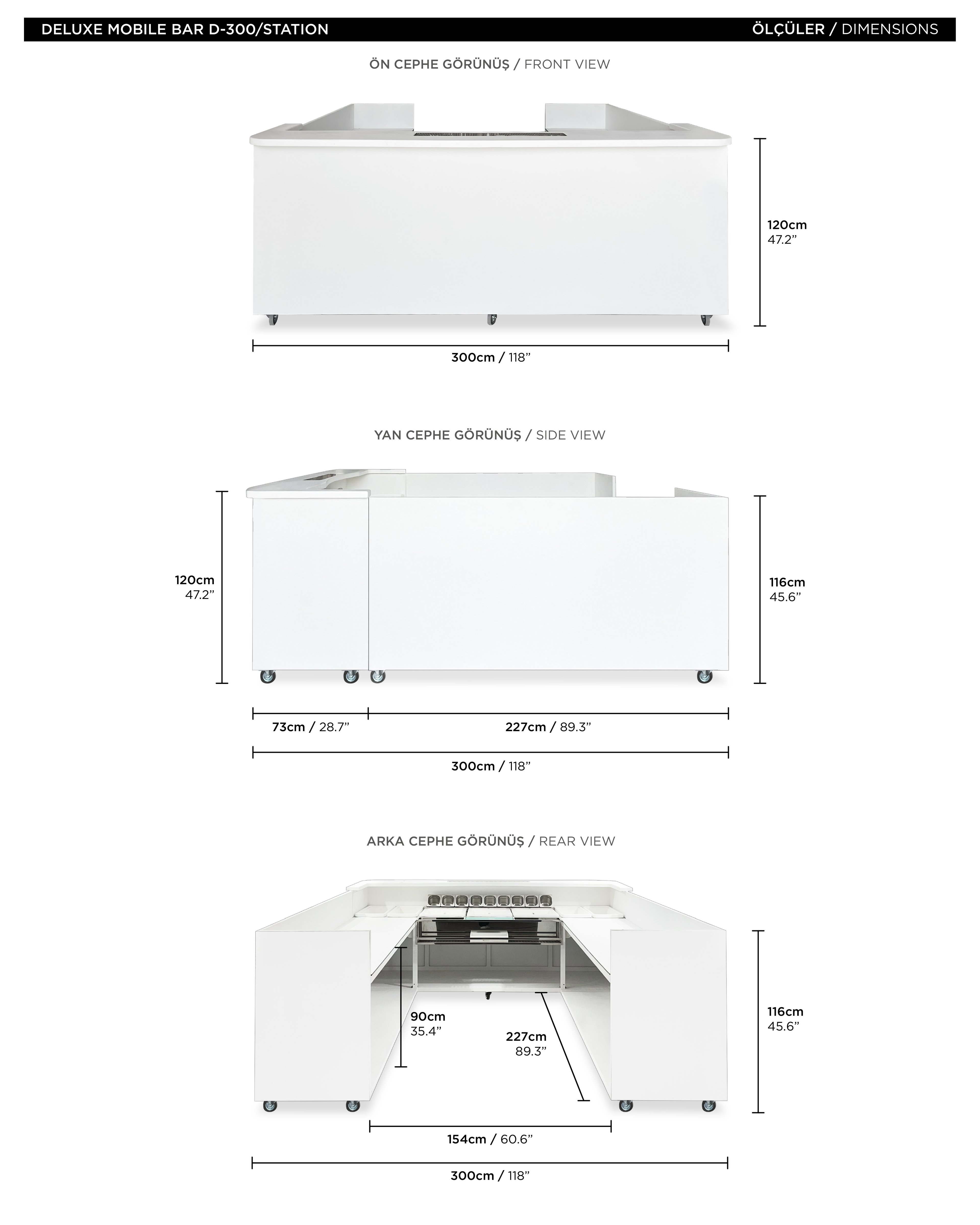 Deluxe Mobile Bar D-300 / Station - Alüminyum, Paslanmaz Çelik ve Fiberglas, Buz Kapları, Oteller veya Etkinlikler için Raflar