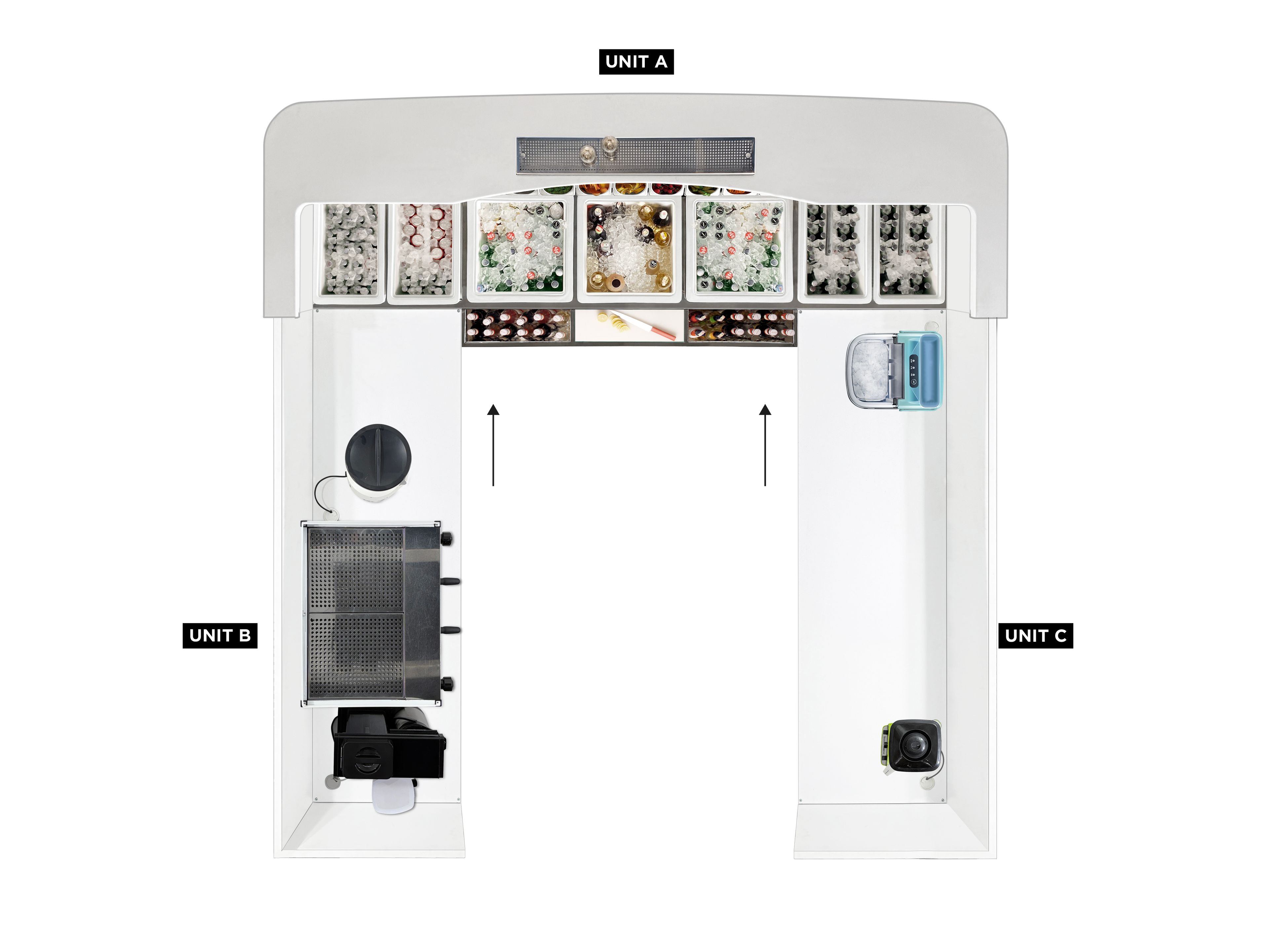 Deluxe Mobile Bar D-300 / Station - Alüminyum, Paslanmaz Çelik ve Fiberglas, Buz Kapları, Oteller veya Etkinlikler için Raflar