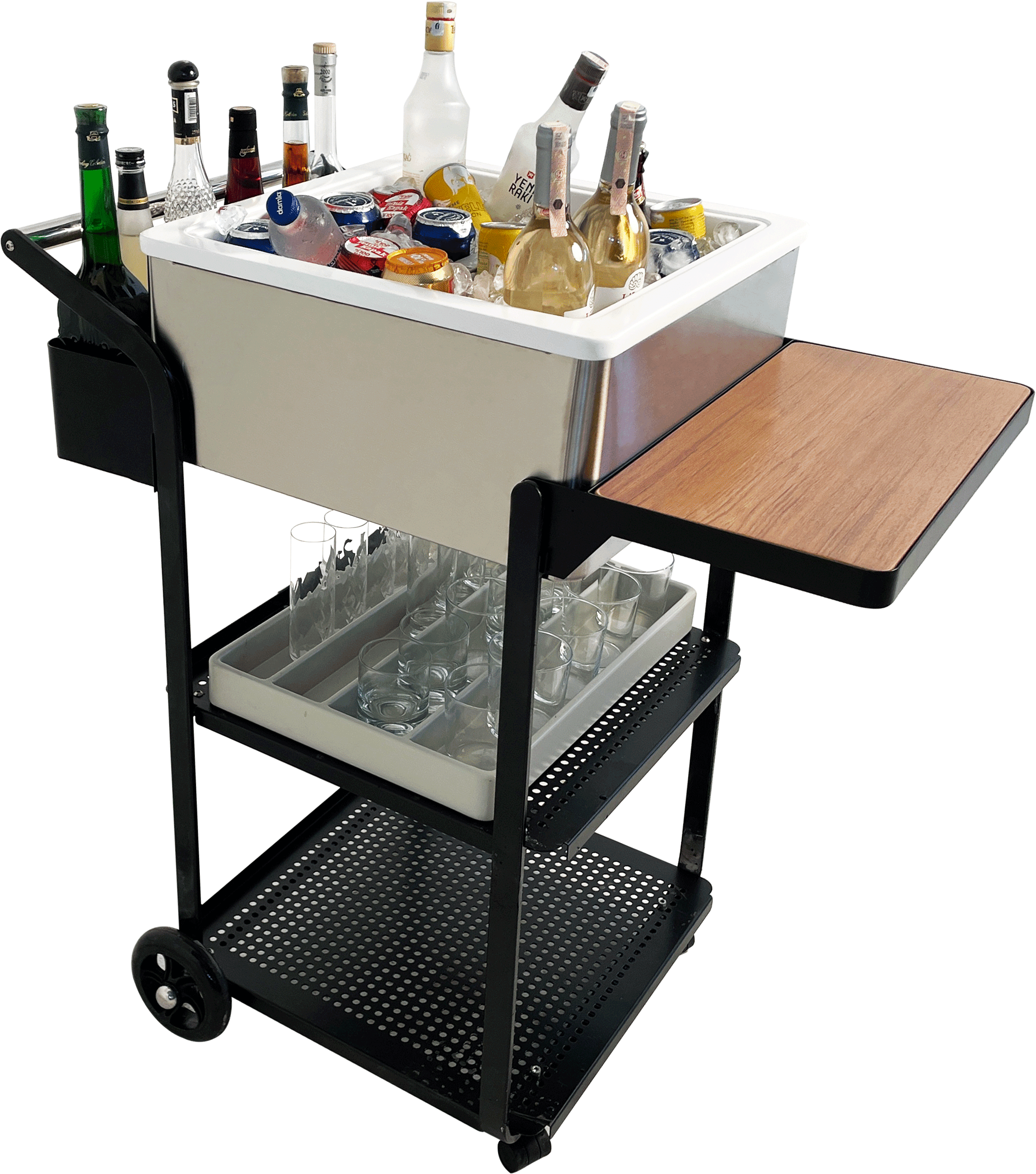 Deluxe Mobile Bar - Stainless Steel and Fiberglass, Ice Bowls, Shelves for Hotels or Events - Mix Mobile Bar