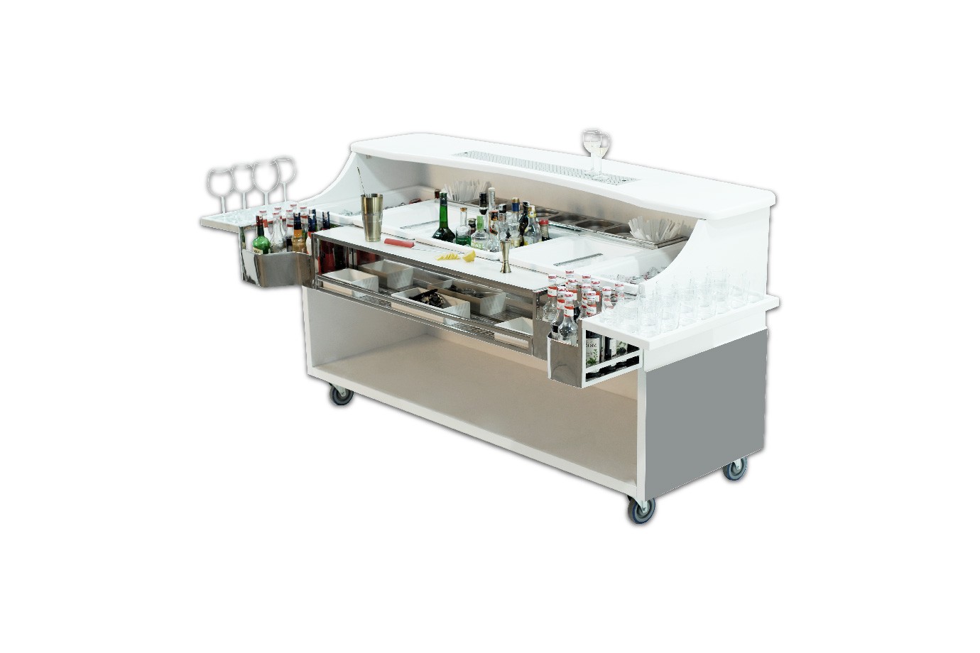 Deluxe Mobile Bar - Stainless Steel and Fiberglass, Ice Bowls, Shelves for Hotels or Events - D-200