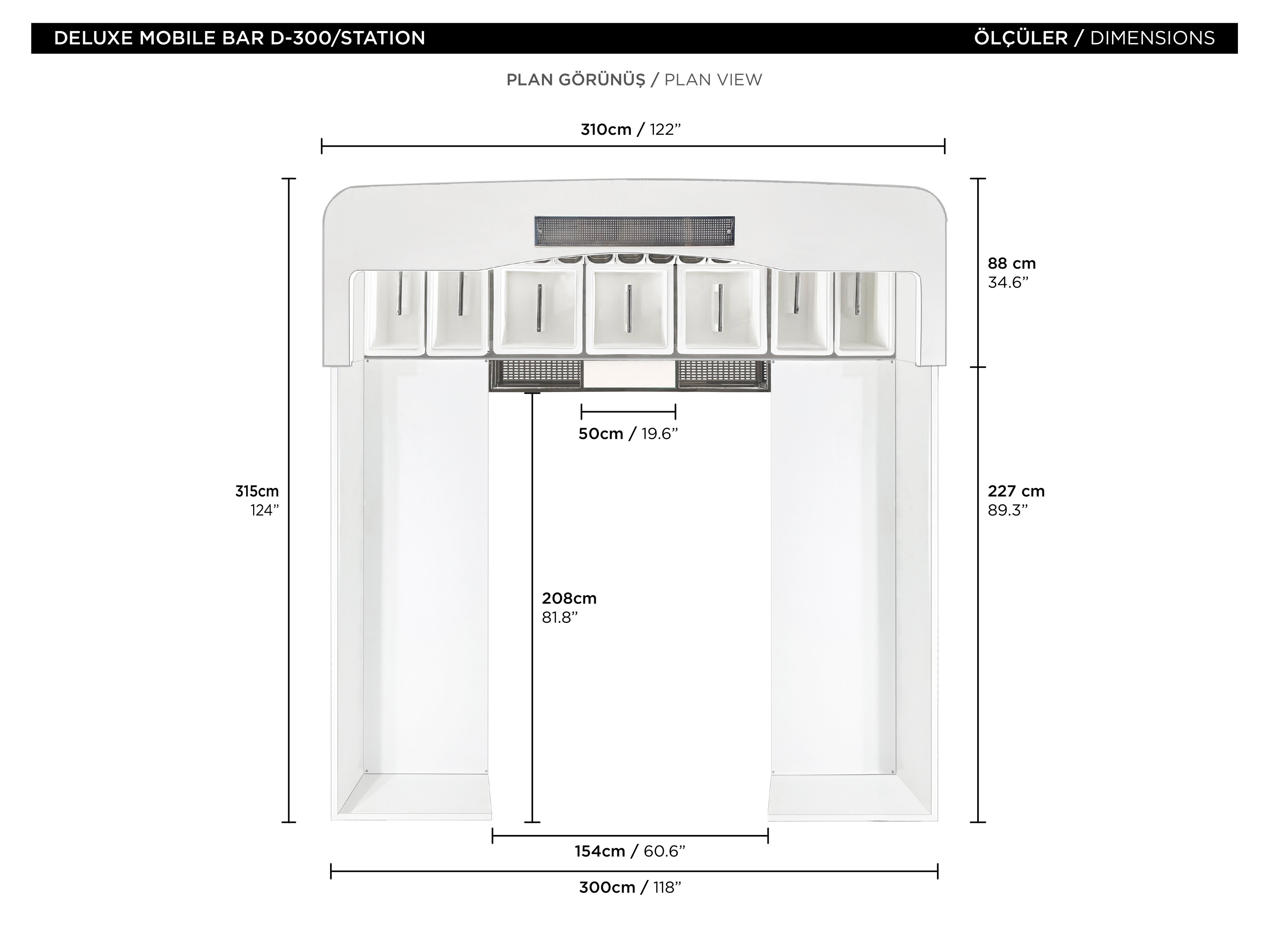 Deluxe Mobile Bar D-300 / Station - Alüminyum, Paslanmaz Çelik ve Fiberglas, Buz Kapları, Oteller veya Etkinlikler için Raflar