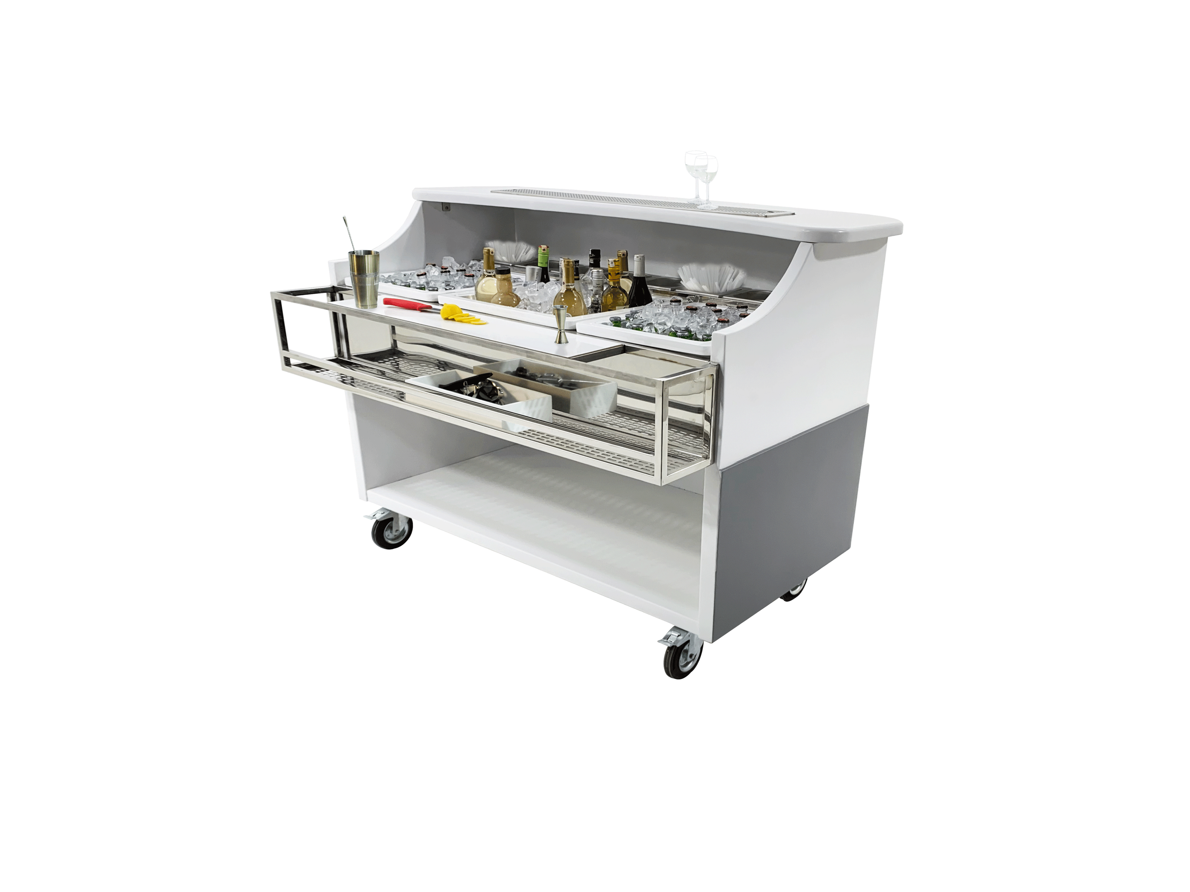 Deluxe Mobile Bar - Stainless Steel and Fiberglass, Ice Bowls, Shelves for Hotels or Events - D-150