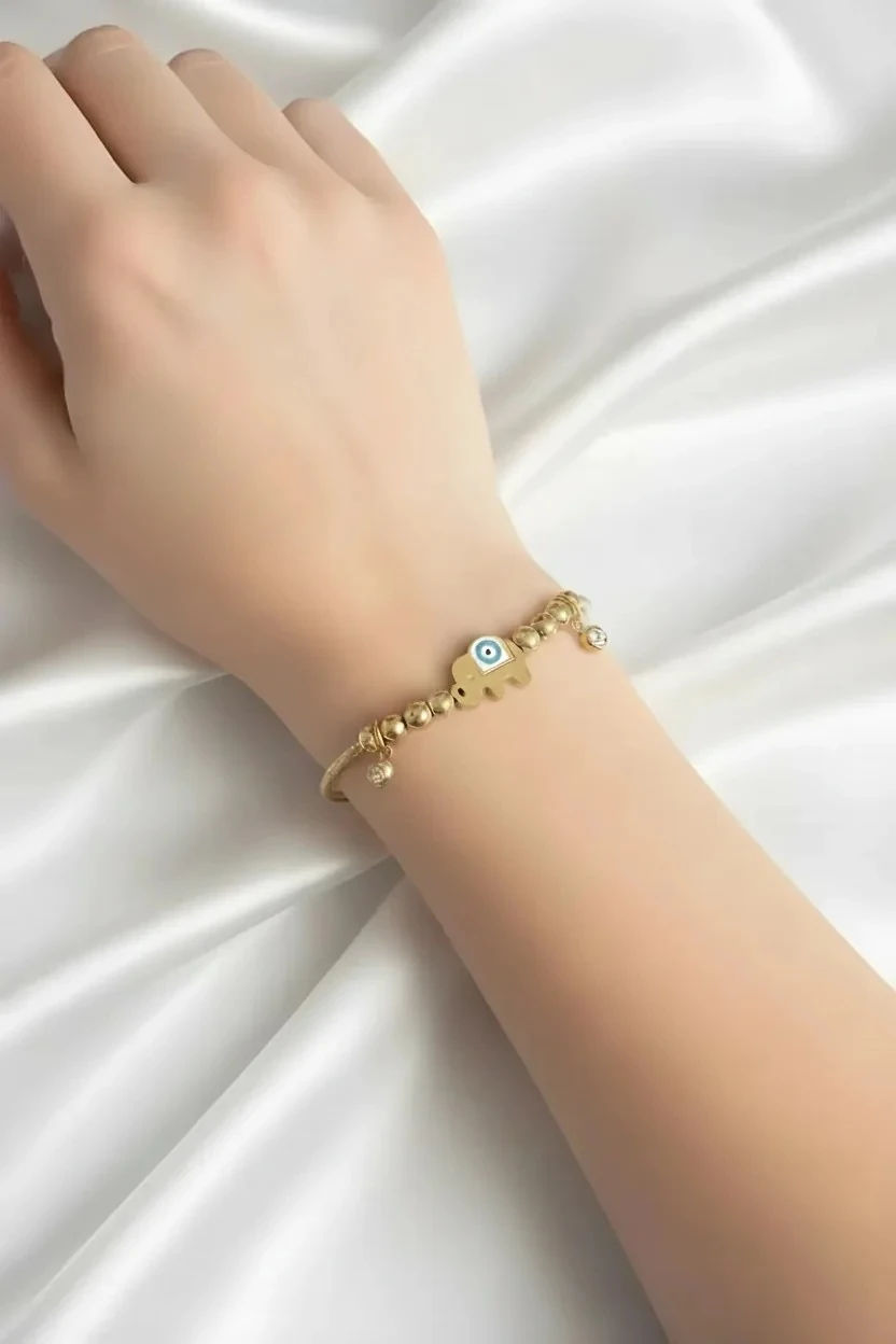 Çelik Gold Renk Filli Charmlı Kadın Bileklik 316L Kararmaz | Şık ve Dayanıklı Takı, Aksesuar