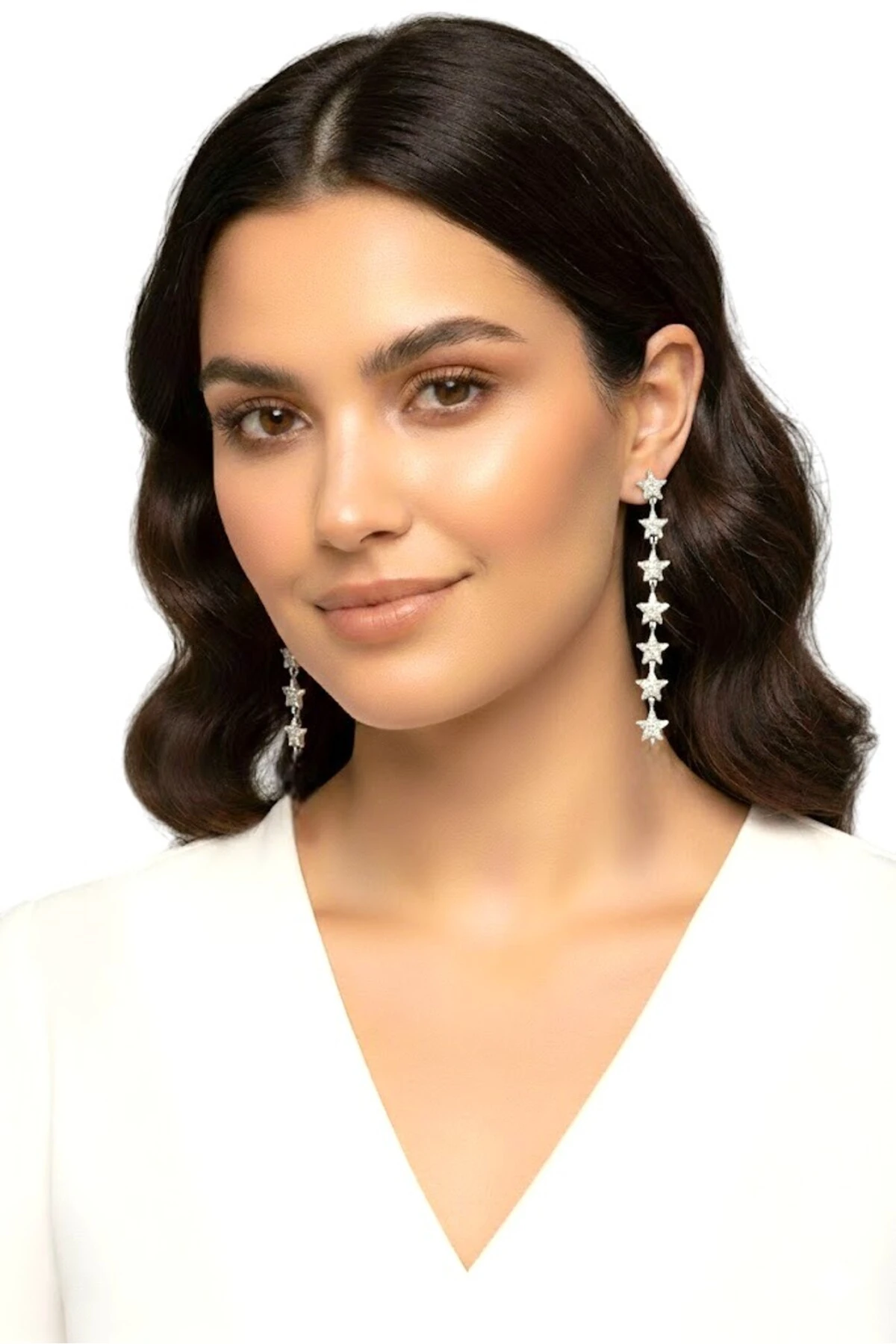 Pirinç Kadın Küpe Zirkon Taşlı Sallantılı Yıldız Model Gümüş Renk | Şık ve Dayanıklı Takı