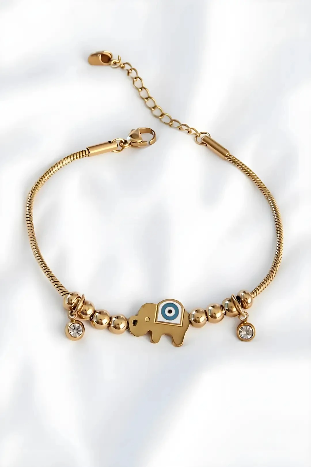 Çelik Gold Renk Filli Charmlı Kadın Bileklik 316L Kararmaz | Şık ve Dayanıklı Takı, Aksesuar