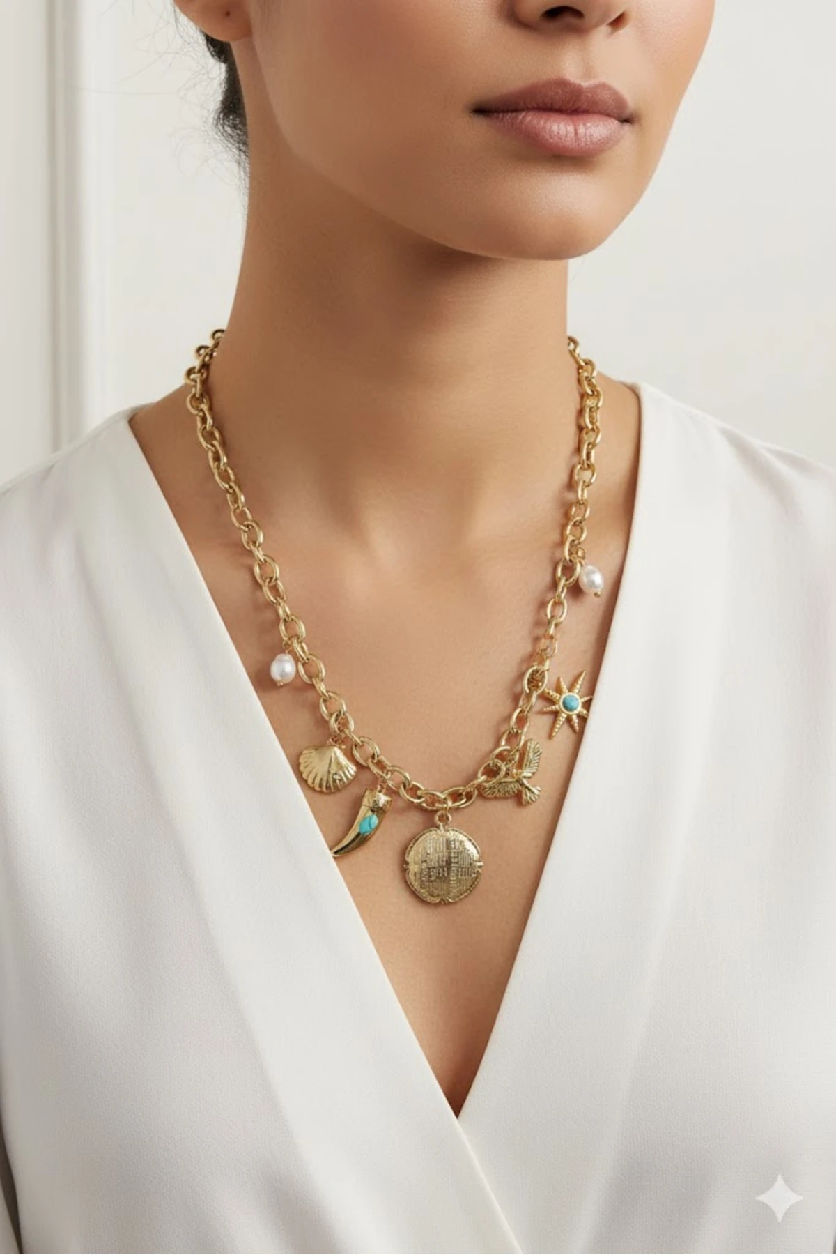 Çelik Kadın Kolye Gold Renk Zincir Sallantılı Çoklu Figür 316L Kararmaz | Şık ve Dayanıklı Takı