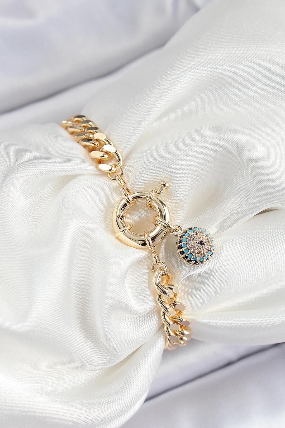 Kadın Bileklik Pirinç Nazar Model Gold Renk | Şık ve Dayanıklı Takı, Aksesuar