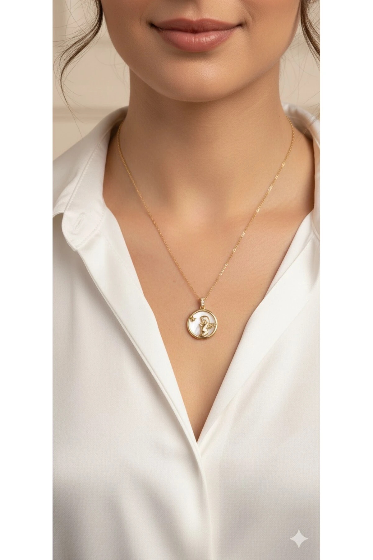 Çelik Zincir Altın Renk Mineli Melek Kolye 316L Kararmaz | Şık ve Dayanıklı Takı, Aksesuar