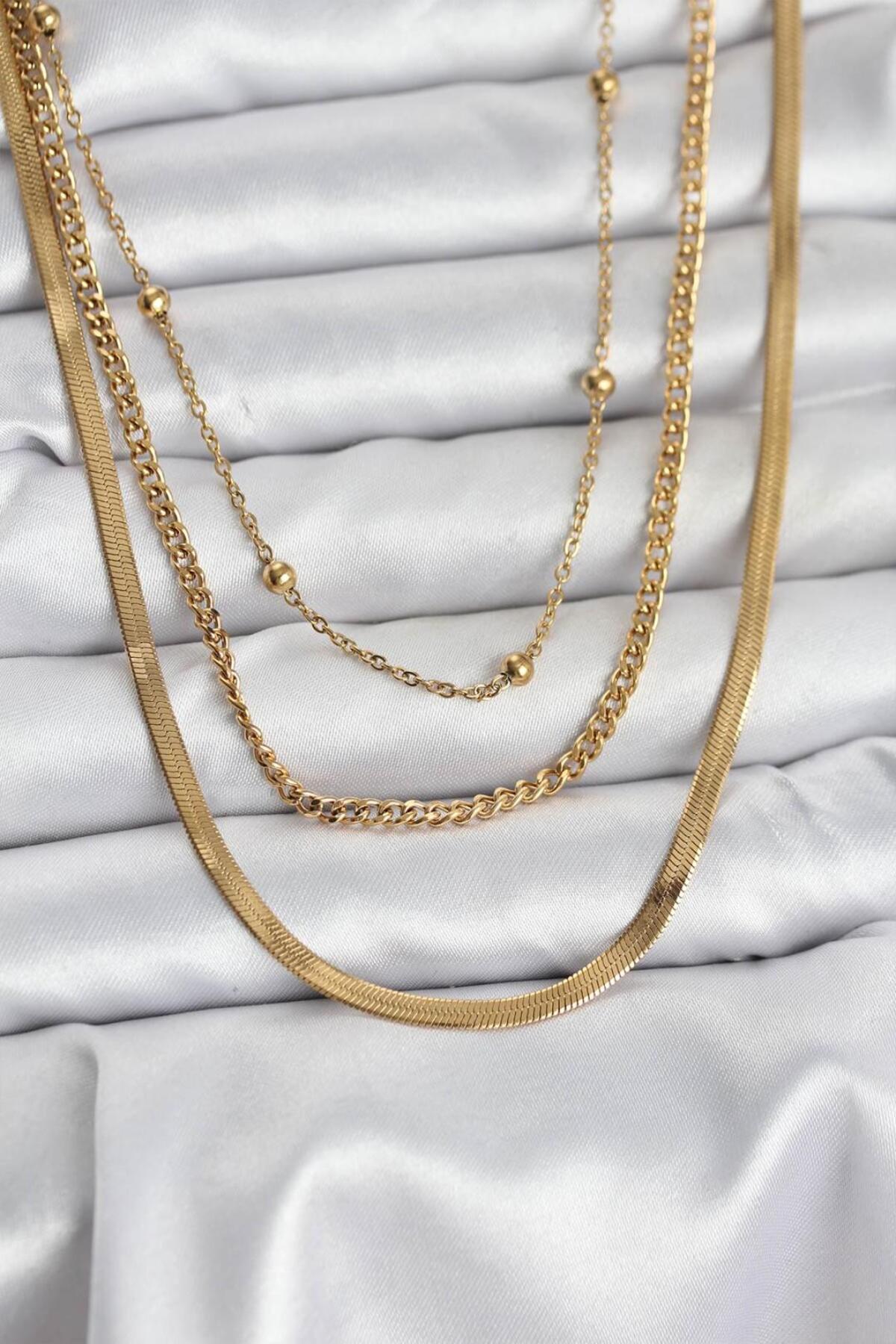 Kadın Kolye Çelik Gold Renk 3'lü 316L Kararmaz | Şık ve Dayanıklı Takı, Aksesuar