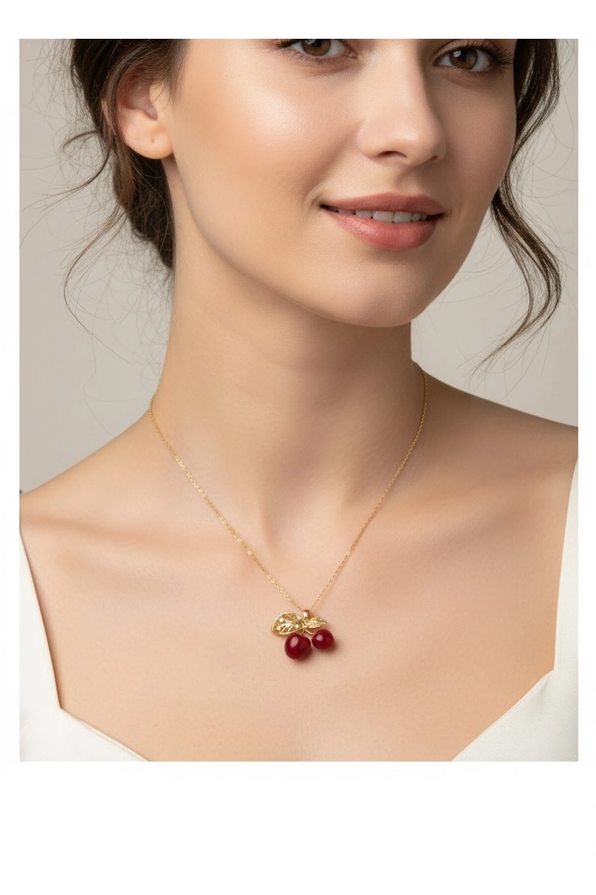 Çelik Zincir Yapraklı Kiraz Model Gold Kadın Kolye 316L Kararmaz | Şık ve Dayanıklı Takı, Aksesuar
