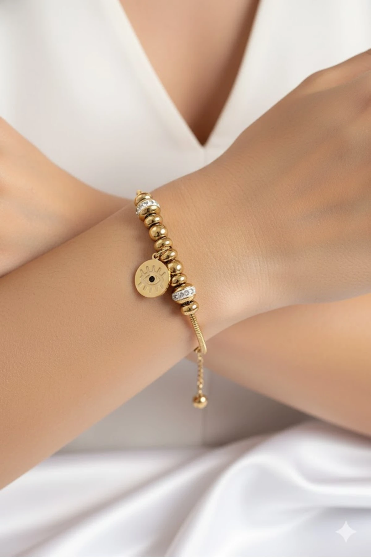 Çelik Kadın Bileklik Göz Charm Model Gold Renk 316L Kararmaz | Şık ve Dayanıklı Takı, Aksesuar