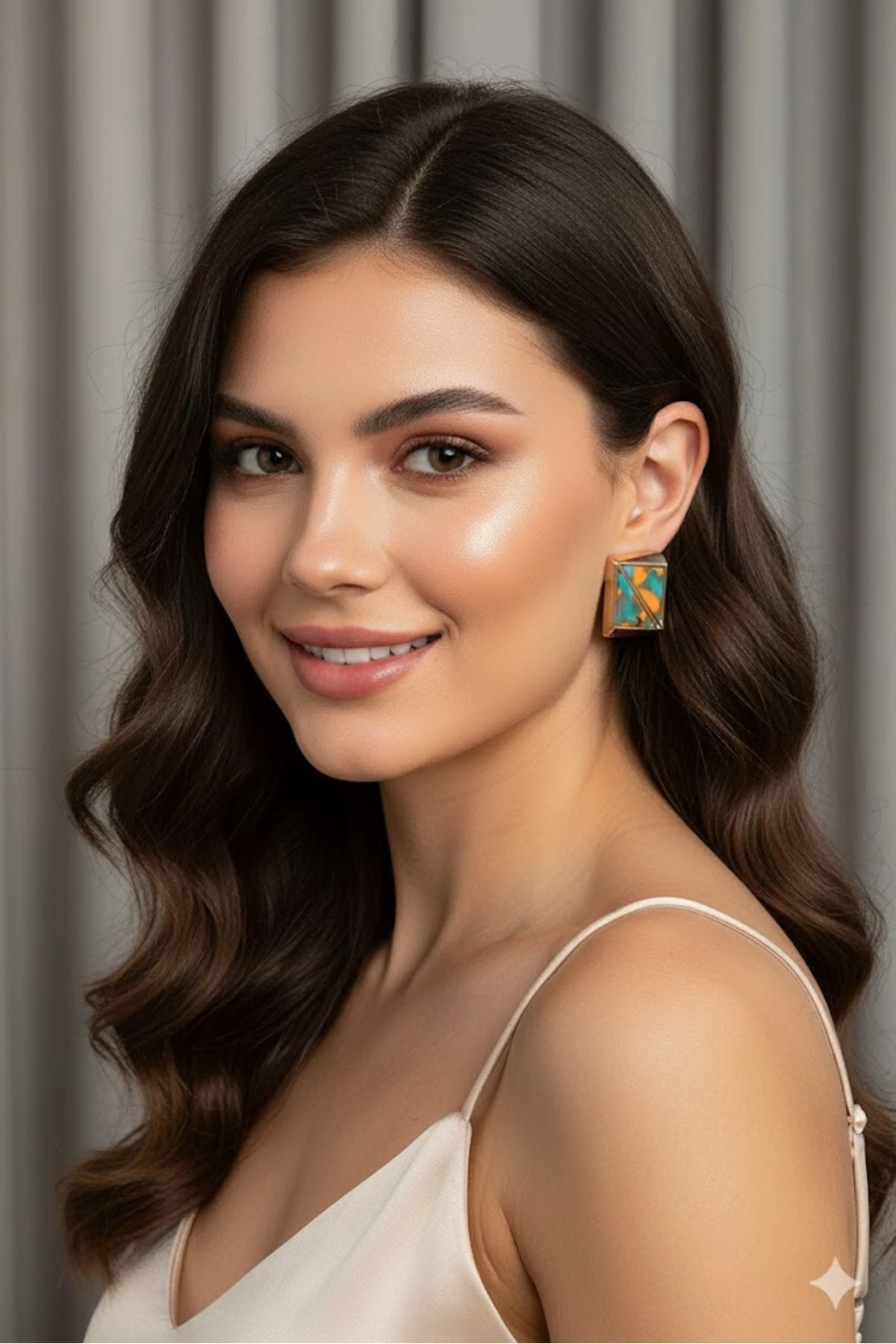 Pirinç Kadın Küpe Turuncu Yeşil Üçgen Kesim Kare Model Vintage Gold Renk | Şık ve Dayanıklı Takı