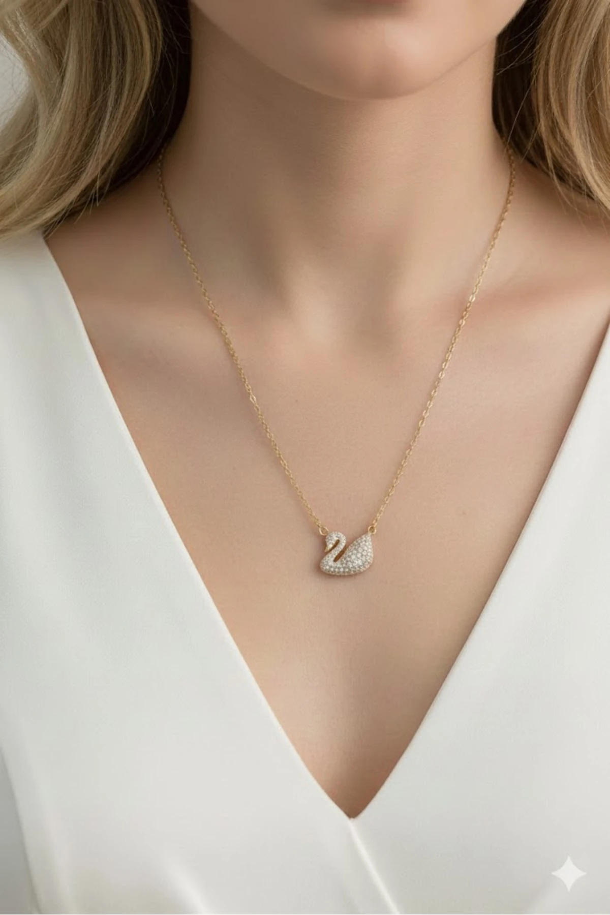 Çelik Kuğu Kolye Zincir Altın Renk Zirkon Taşlı 316L Kararmaz | Şık ve Dayanıklı Takı, Aksesuar