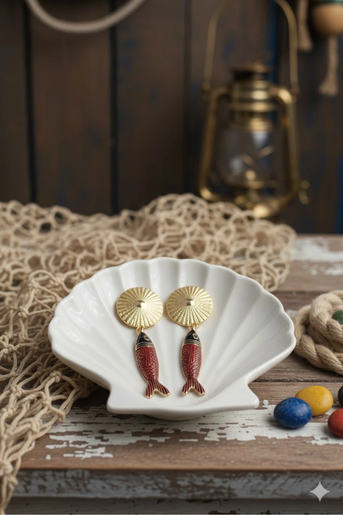 Pirinç Kadın Küpe Sallantılı Zirkon Taşlı Kırmızı Siyah Balık Model Gold | Şık ve Dayanıklı Takı