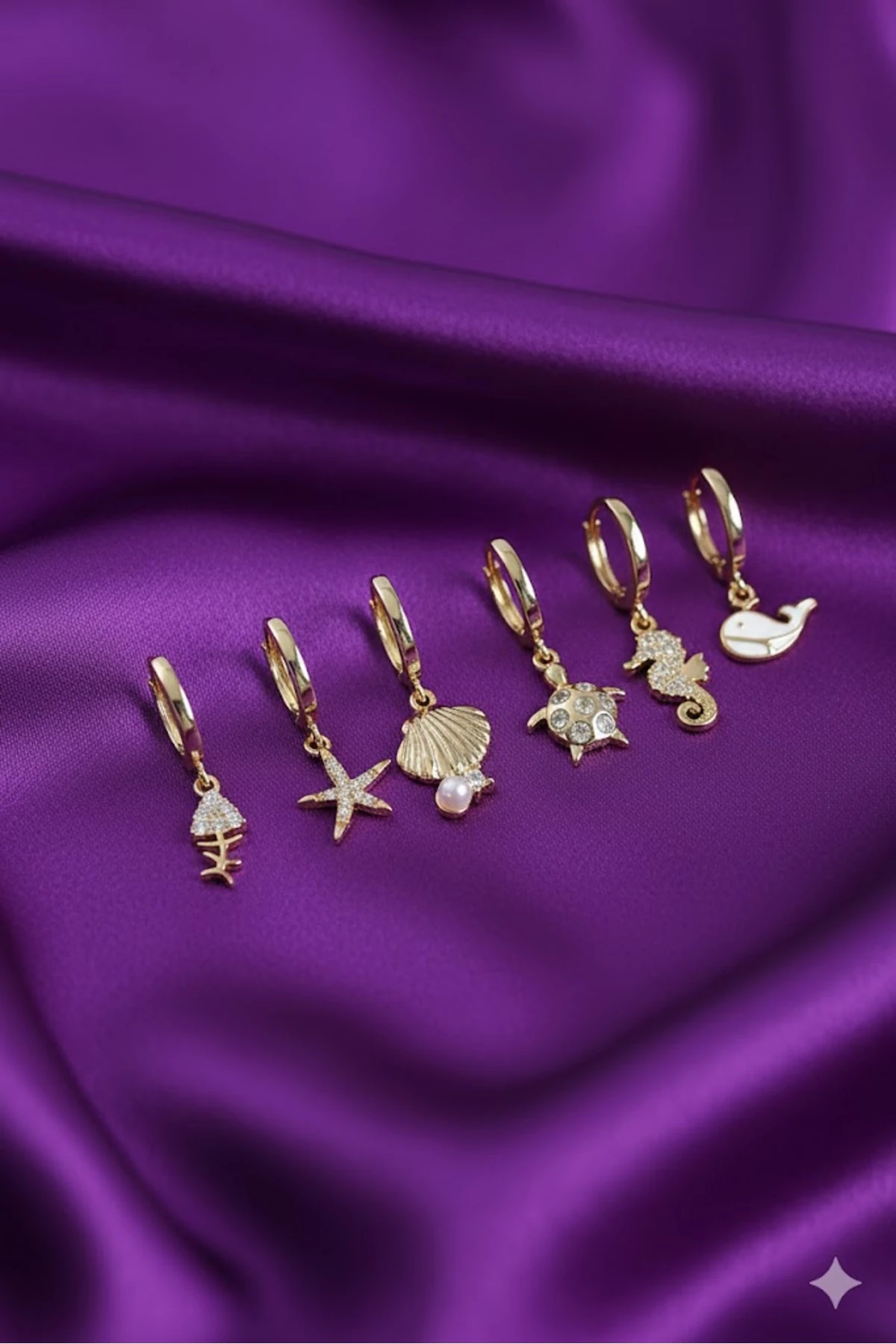 Pirinç Zirkon Küpe Set Taşlı İstiridye Balina Ve Yıldız Gold Renk 6'lı | Şık ve Dayanıklı Takı