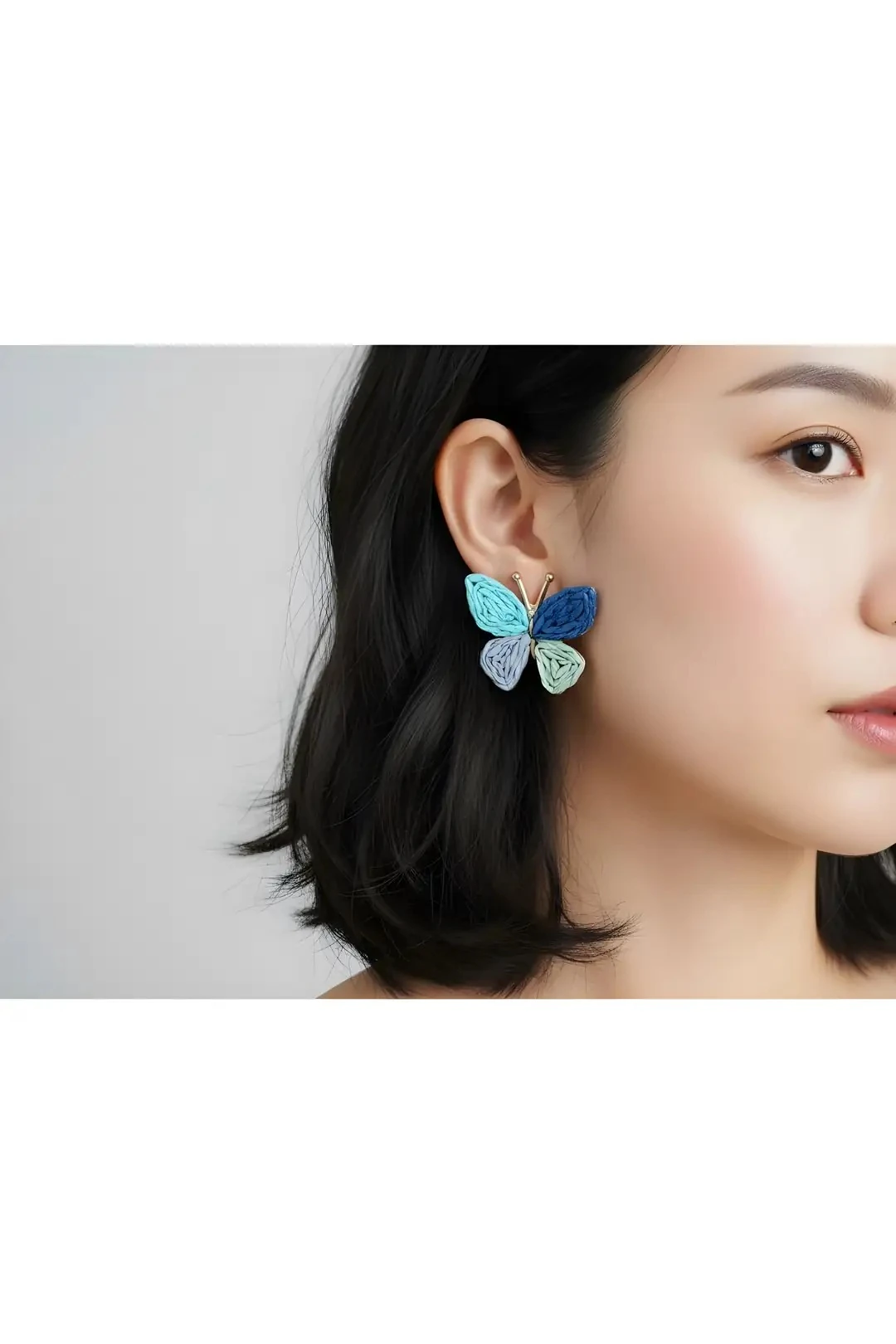 Kadın Hasır Küpe Pirinç Mavi Kelebek Model Gold Renk | Şık ve Dayanıklı Takı, Aksesuar
