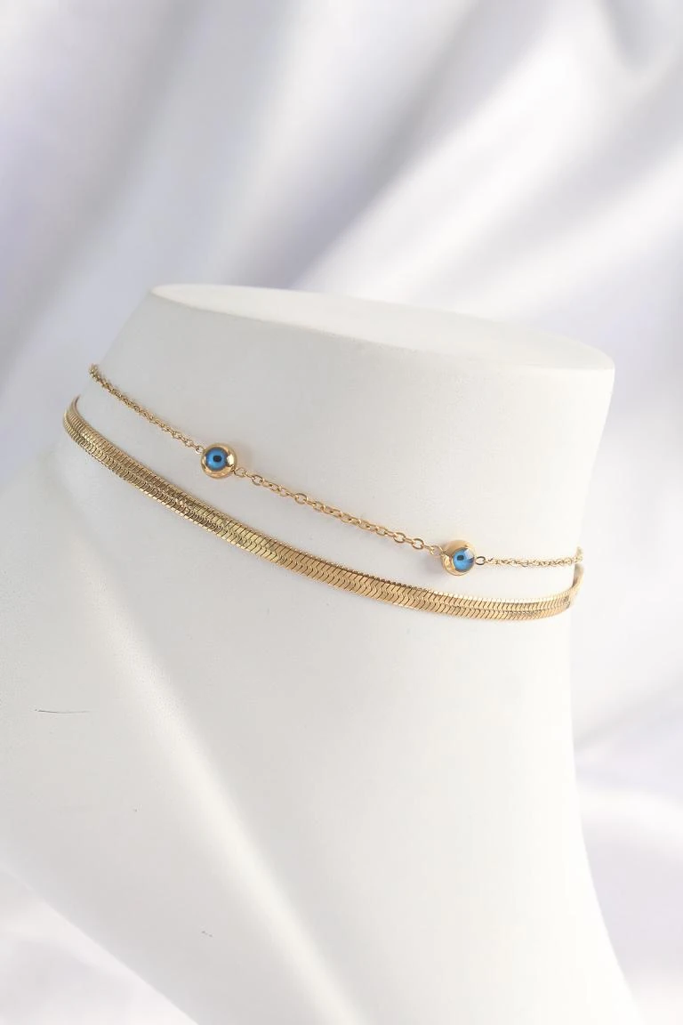 2li Halhal Çelik Gold Renk Nazar Boncuk Tasarımlı 316L Kararmaz