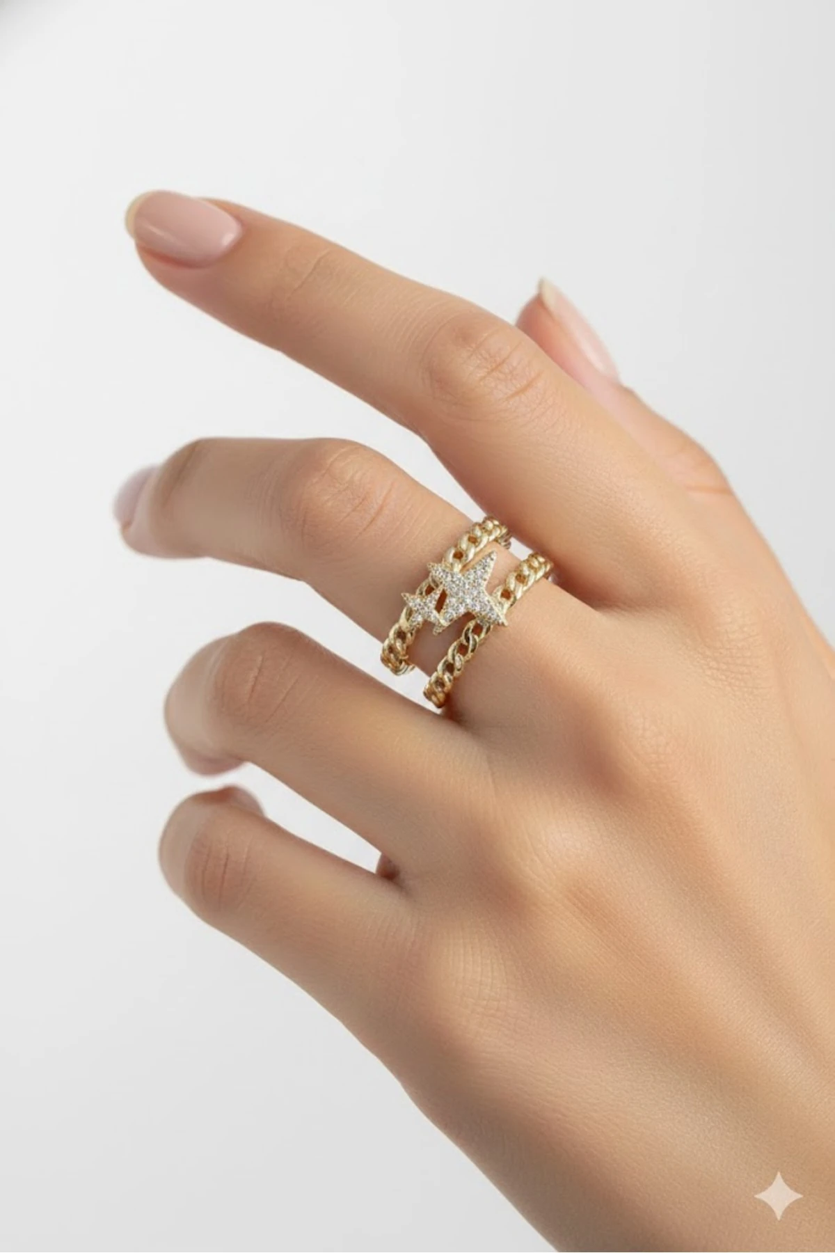 Pirinç Kadın Yüzük Gold Renk 2'Li Zincir Yıldız Figür Kararmaz | Şık ve Dayanıklı Takı, Aksesuar