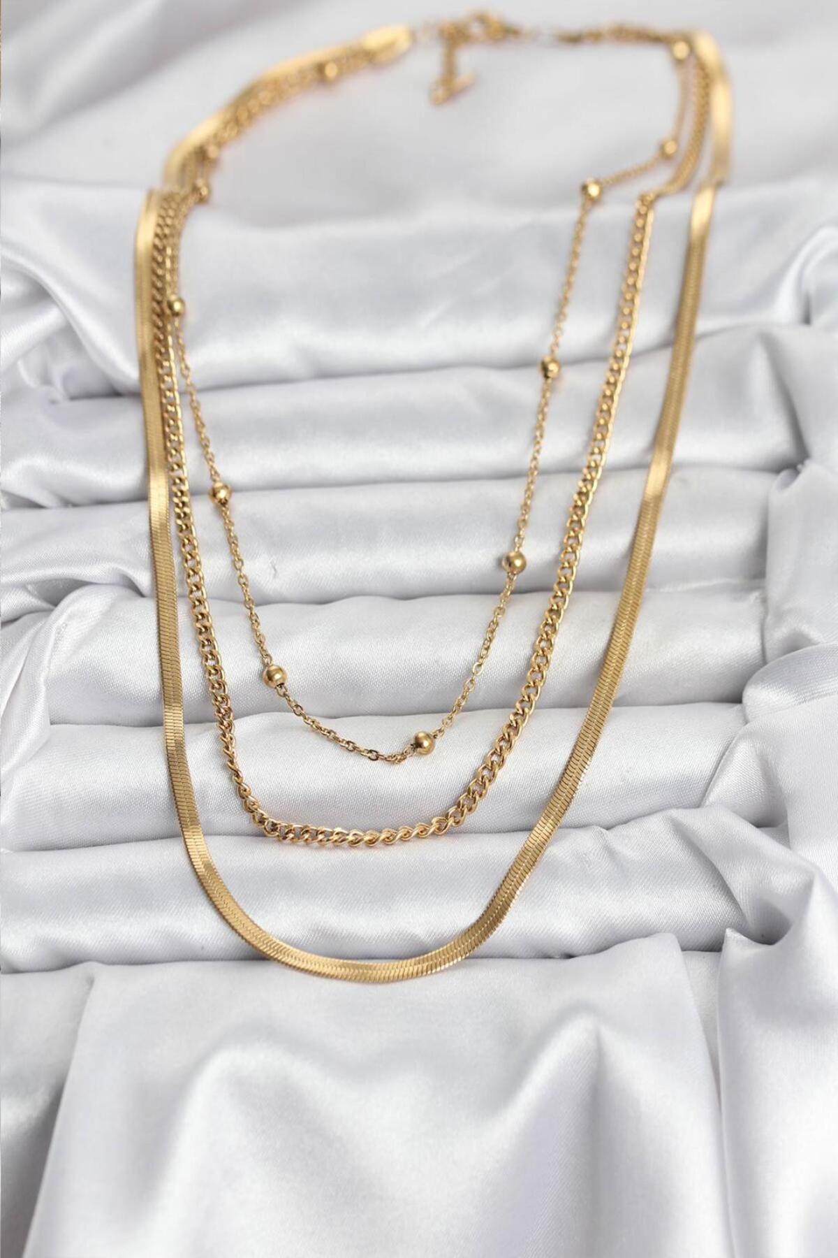 Kadın Kolye Çelik Gold Renk 3'lü 316L Kararmaz | Şık ve Dayanıklı Takı, Aksesuar