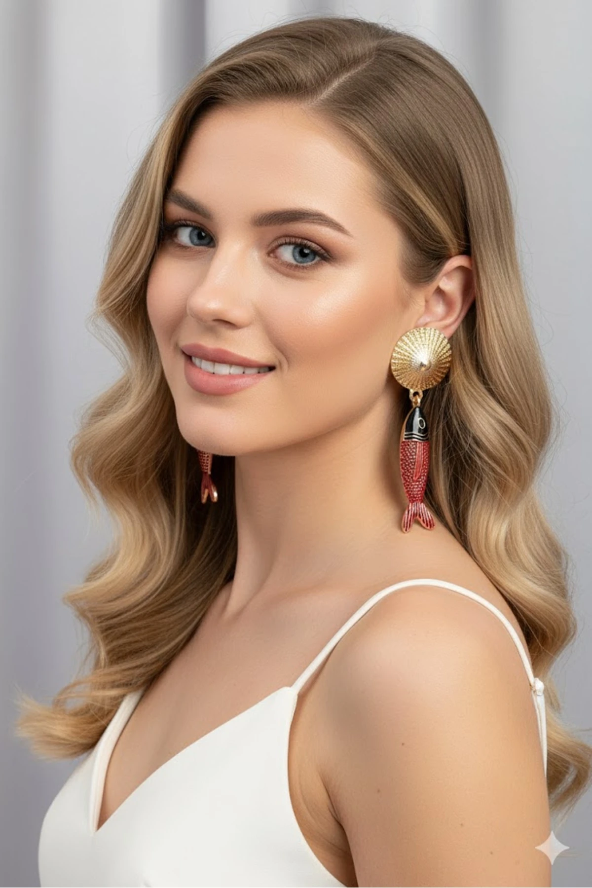 Pirinç Kadın Küpe Sallantılı Zirkon Taşlı Kırmızı Siyah Balık Model Gold | Şık ve Dayanıklı Takı