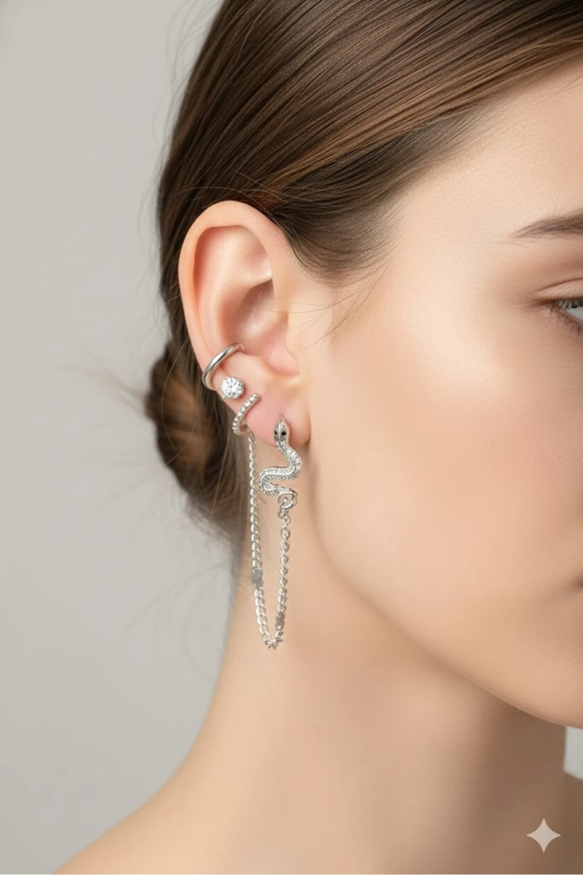 Pirinç Kadın Küpe Set Yılan Figürlü Gümüş Renk 3'lü Kıkırdak Kararmaz | Şık ve Dayanıklı Takı