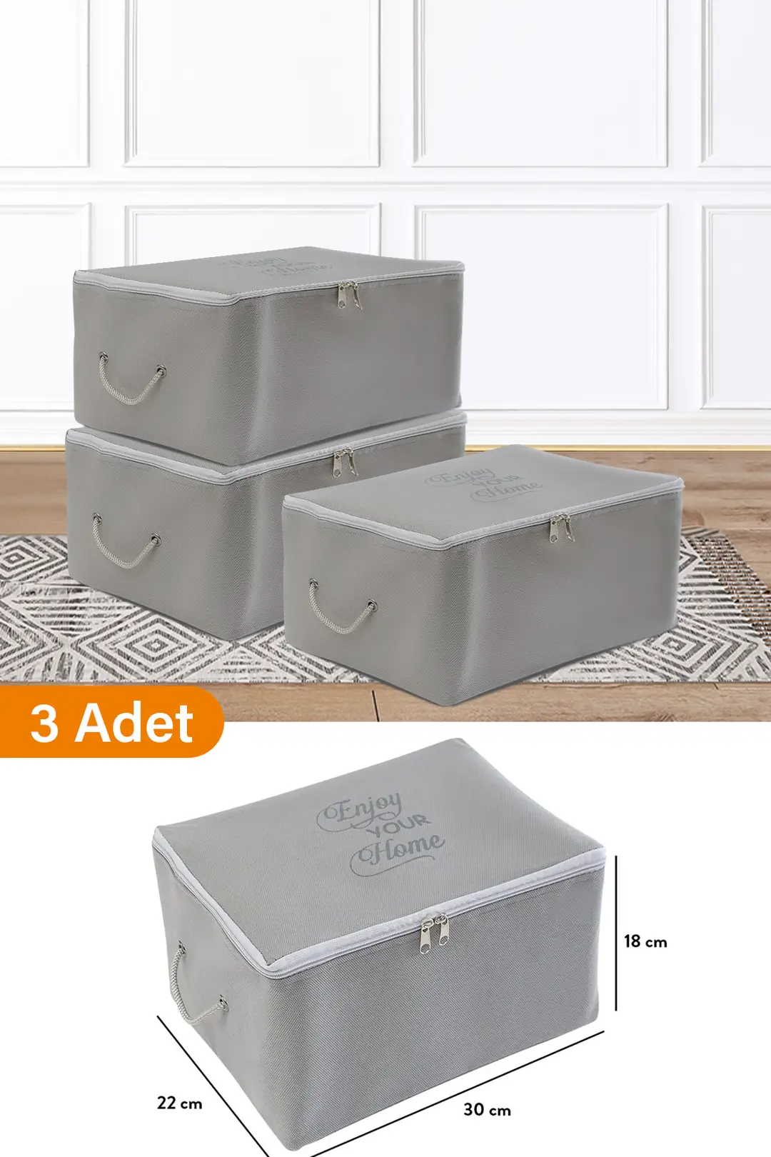 3 Adet - Mini Boy Baskı Detaylı Antrasit Hurç 30 X 22 X 18 Cm