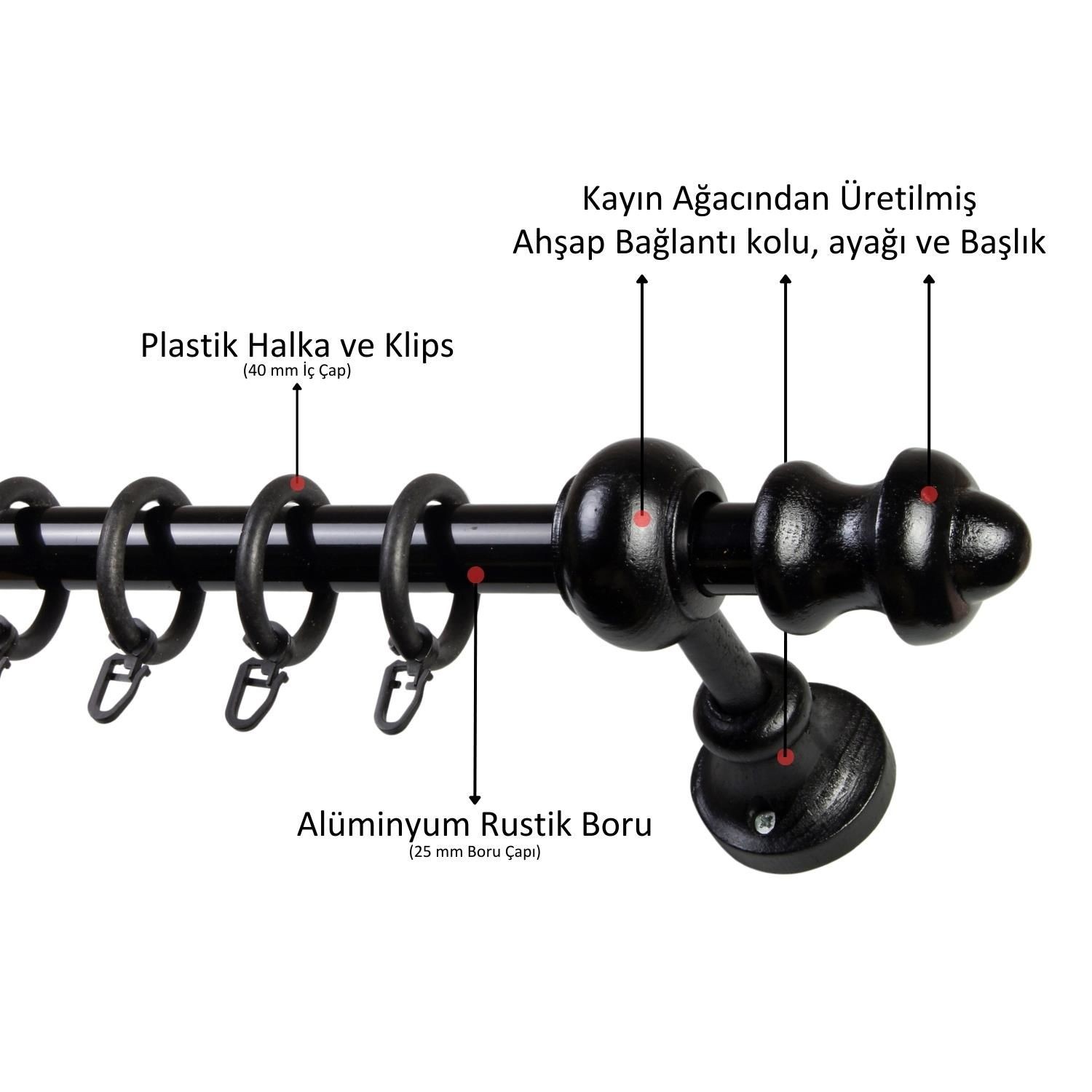 Raysız Ahşap Klasik Rustik Perde Askısı (Alüminyum Boru) Halka ve Klips