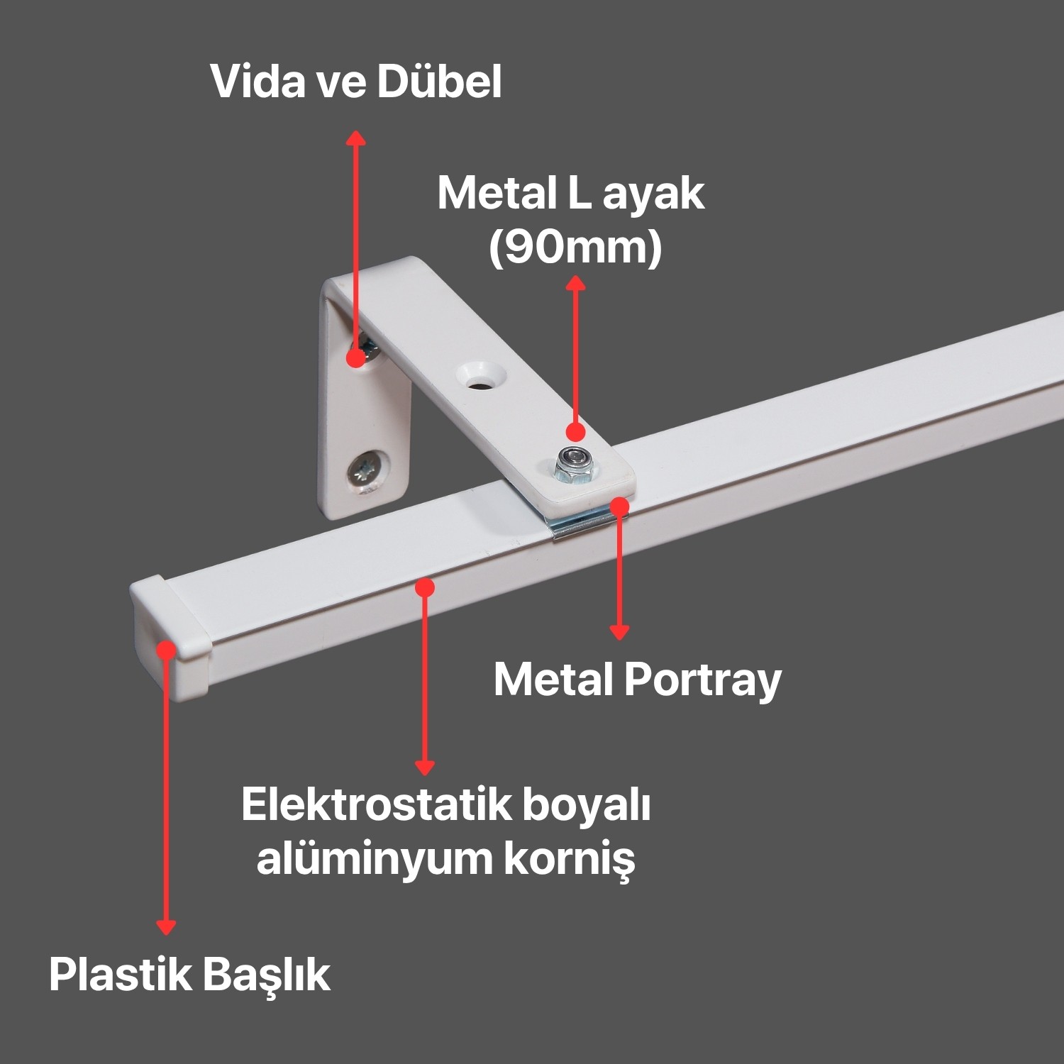 Tekli Metal Rustik (90mm) Metal L Duvar Montaj Ayaklı (19mm) Alüminyum Perde Ray Takımı